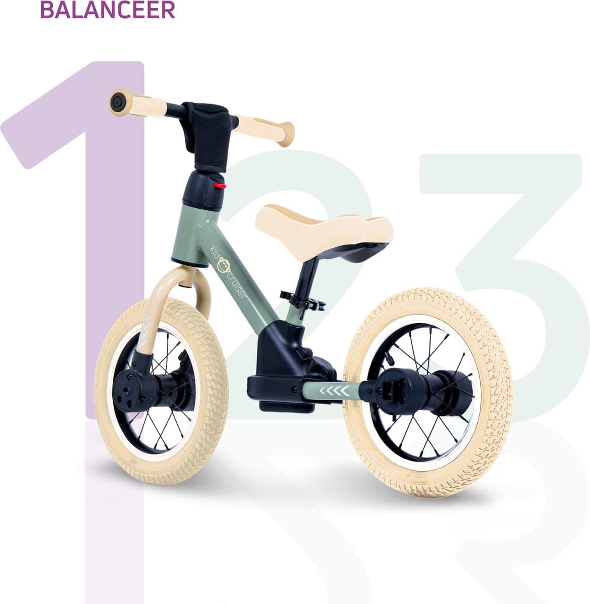 Kidcruiser Loopfiets 2+ jaar - Optioneel met LED Zijwieltjes & Trappers - 3-in-1 Kinderfiets - 12 inch – Zacht Groen & Creme wit – Modulair Design thumbnail 7