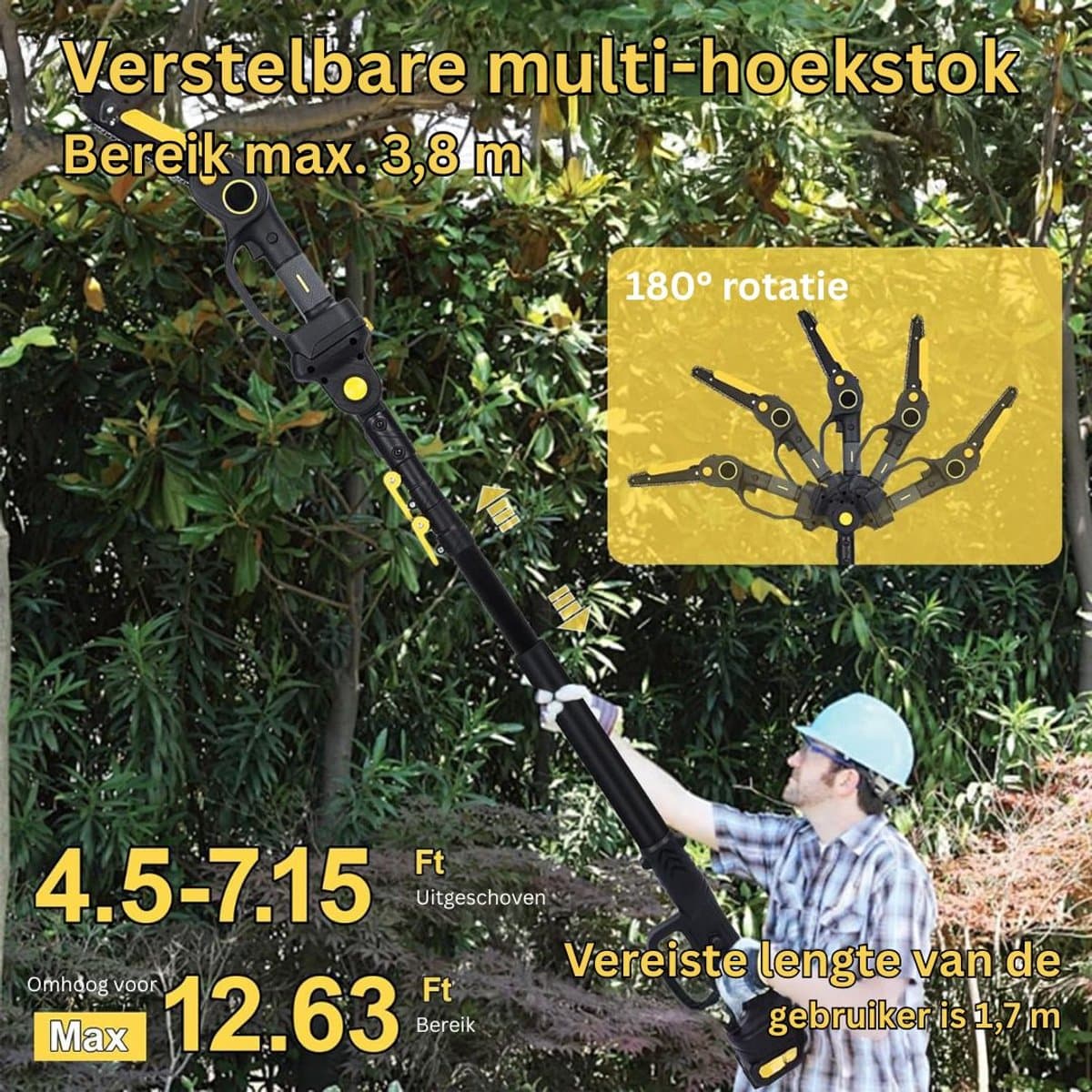 MKSS® Telescopische Snoeischaar - Mini Kettingzaag - Heggenschaar - Takkenschaar - Takkenzaag - Elektrische Snoeizaag met Accu - Zwart en Geel thumbnail 3