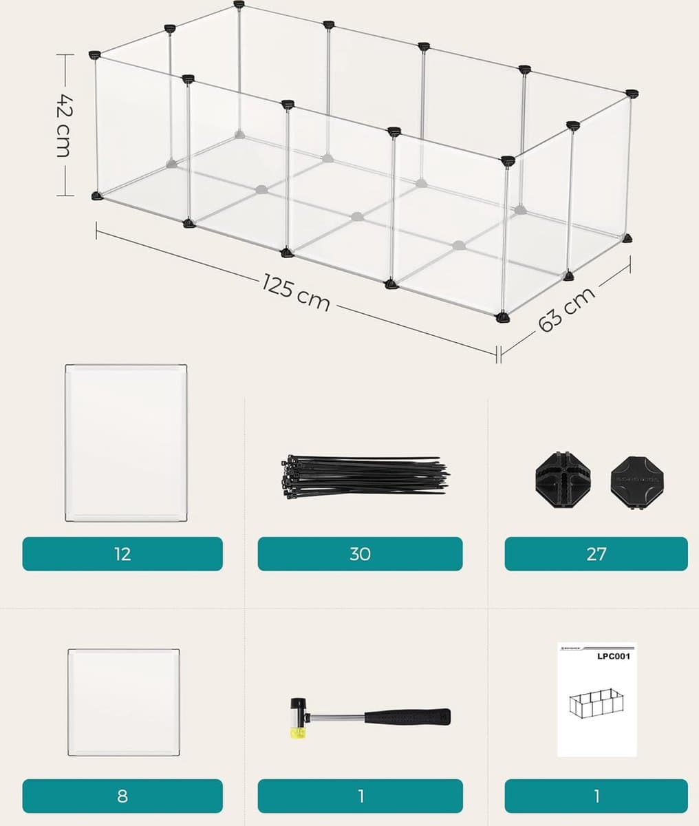 HMPC001W01 Dierenomheining voor kleine dieren, plastic kooi voor binnen, voor hamsters, konijnen, cavia's, 125 x 63 x 42 cm, wit thumbnail 8