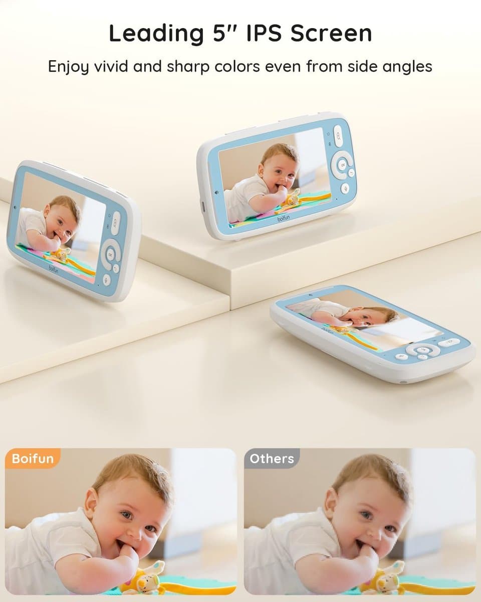 BOIFUN Video Babyfoon, 5-inch 720P IPS Full Color Scherm, 360 Camera, ECO-modus, 3050mAh Batterij, Geen Wifi, Nachtzicht, Tweerichtingsaudio, Voedingsherinnering, Temperatuursensor, Slaapliedjes thumbnail 3