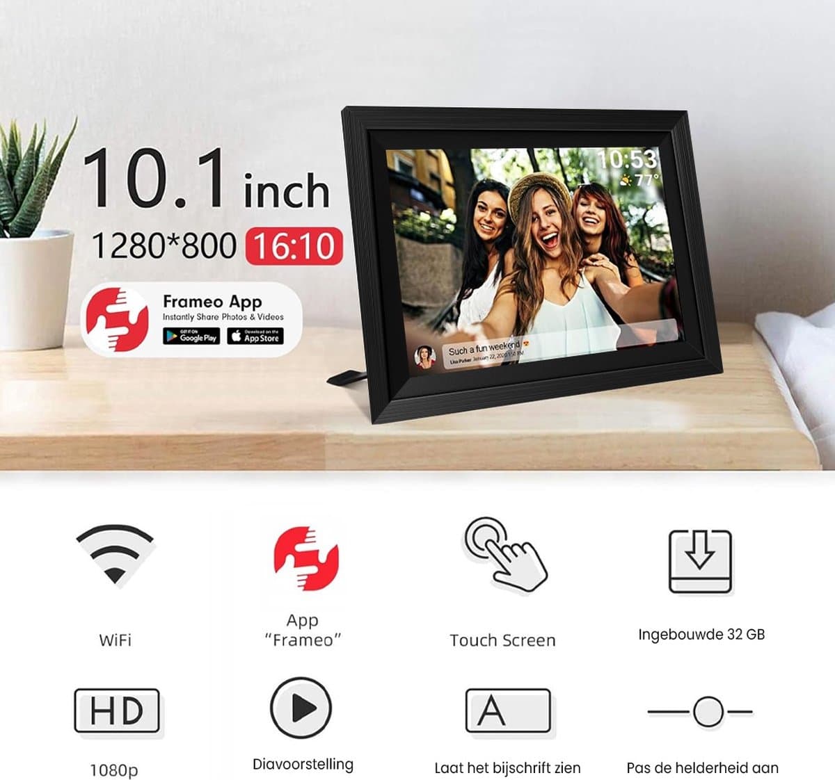 Digitale fotolijst met WiFi en Frameo App - 10.1 inch HD+ IPS Display - Fotokader met Touchscreen - 32GB - Zwart/Zwart - Frameo digitale fotolijst - digitale fotokader - digitaal fotolijstje thumbnail 5