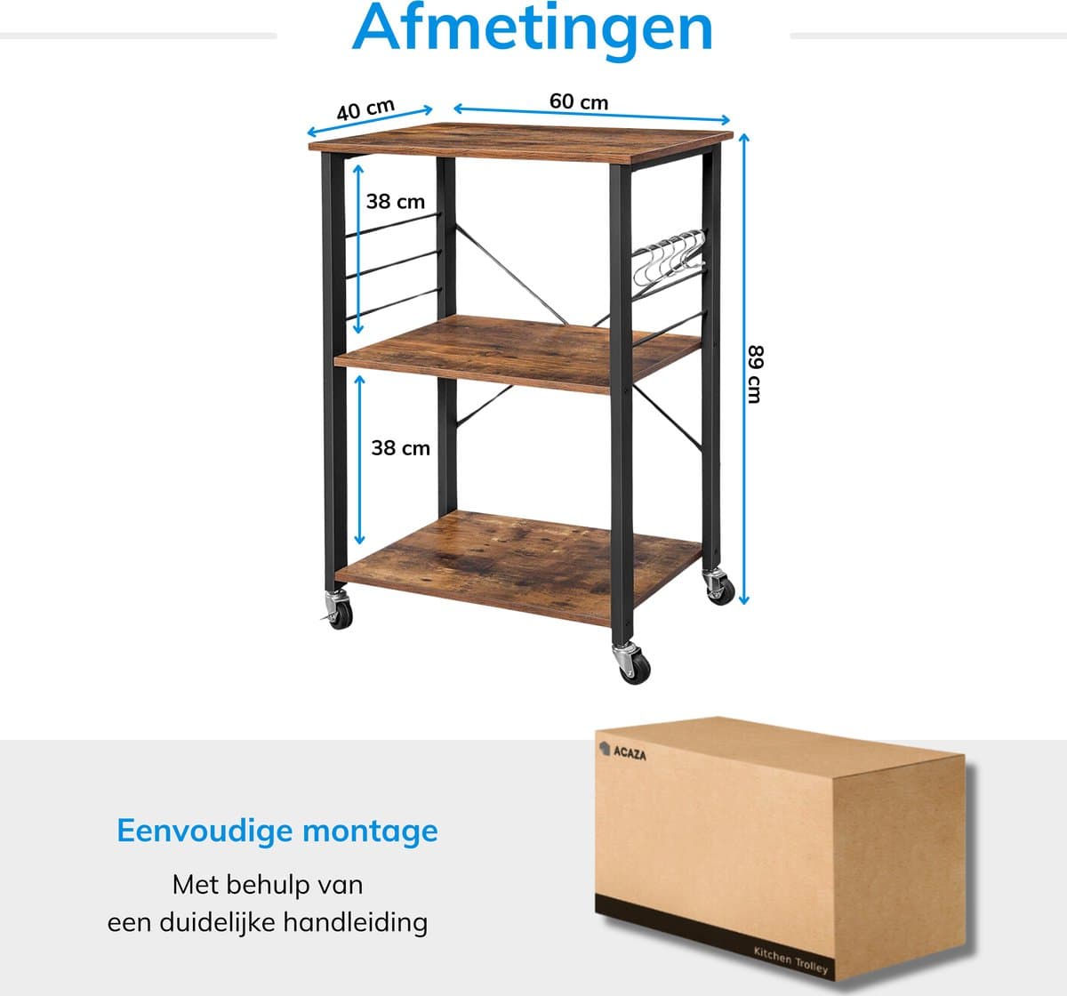 ACAZA keukentrolley met 3 niveaus en 6 haken thumbnail 4