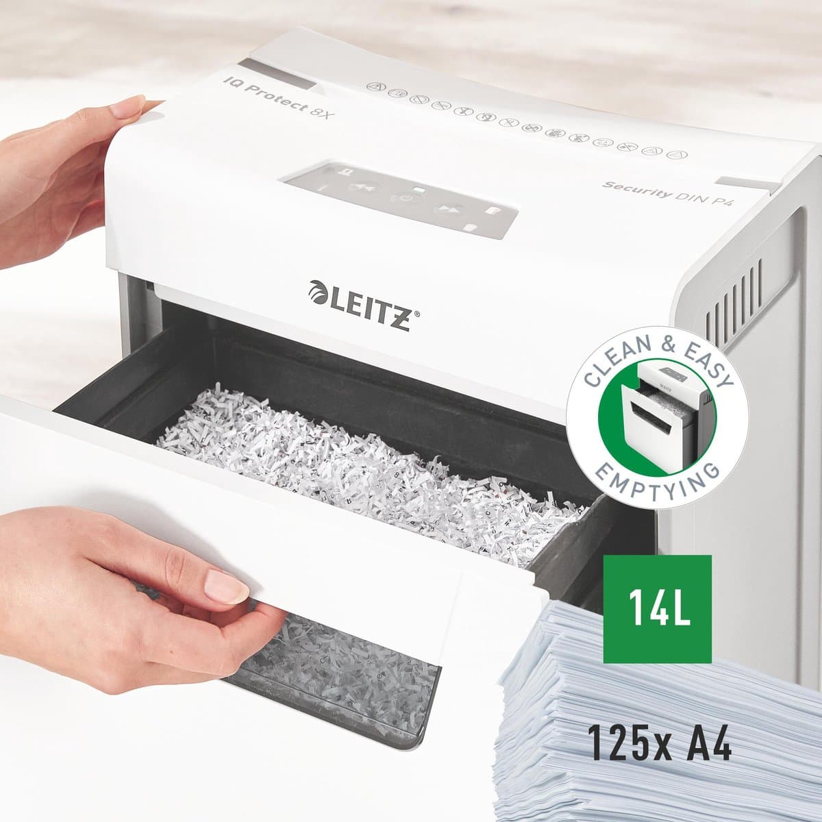 Leitz IQ Protect Premium 8X Ultrastille Papierversnipperaar - P4 Snippers - Tot 8 Vel - 14L - Wit thumbnail 5
