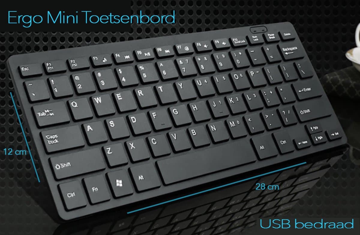 K001 Mini Toetsenbord, QWERTY (US), Ergonomisch en Ultradun, Zwart, Met draad, USB aansluiting, Mac + Windows thumbnail 2