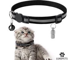 Lunspets - Kattenhalsband - Veiligheidssluiting - Reflecterend - Inclusief Adreskoker - Zwart