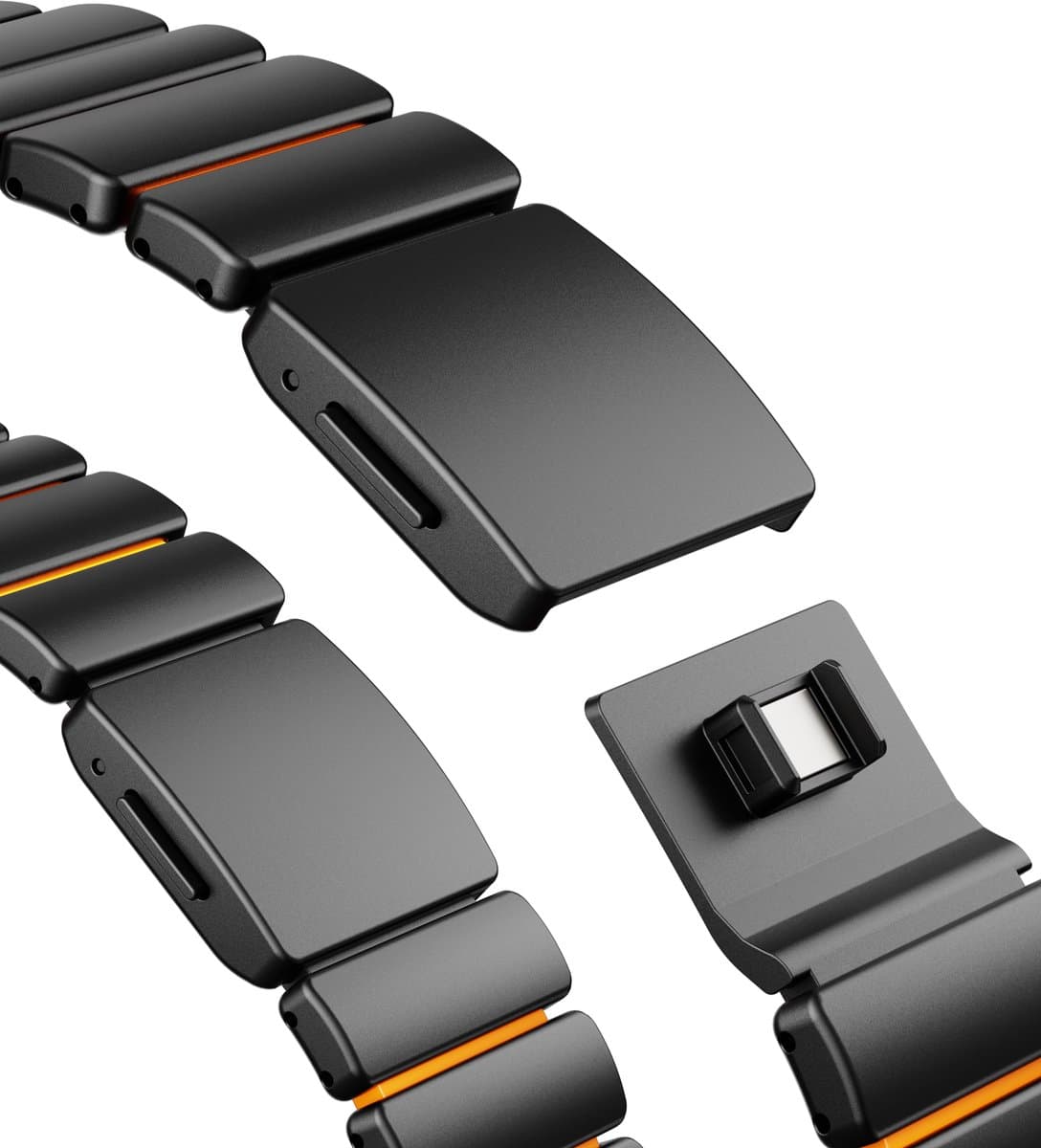 Stravo Premium Magnetisch Titanium Horlogeband met Siliconen Binnenlaag voor Apple Watch 46mm (Series 10/11) / 45mm (Series 7/8/9) / 44mm (Series 4/5/6/SE) / 49mm (Ultra 1/2/3) – Luxe bandje - Zwart / oranje thumbnail 4