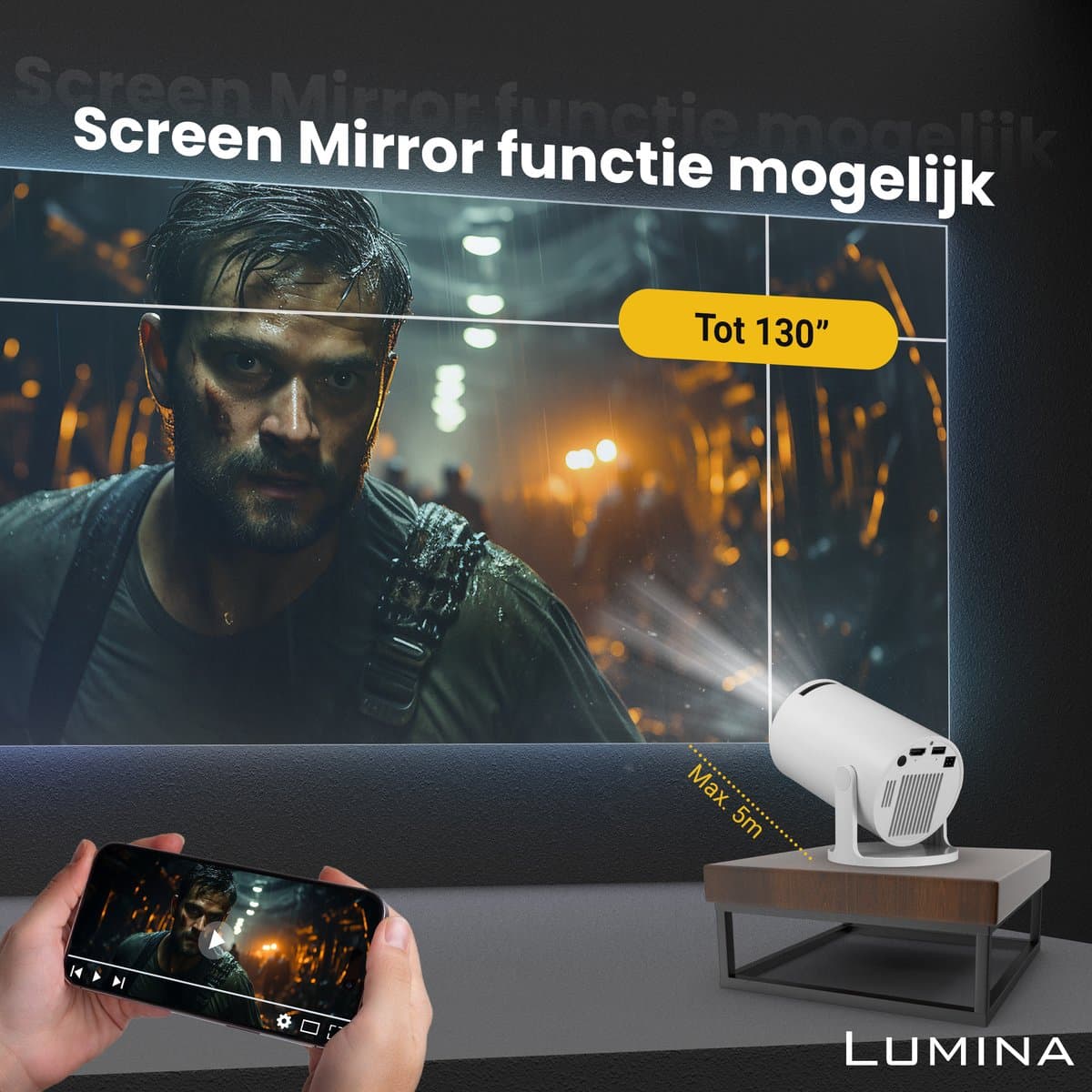 Lumina® Pro Mini Beamer 2026 – Android 14 Smart Projector met Google Playstore – Thuisbioscoop – Voor iOS & Android – WiFi 6 & Bluetooth 5.4 – Wit thumbnail 4