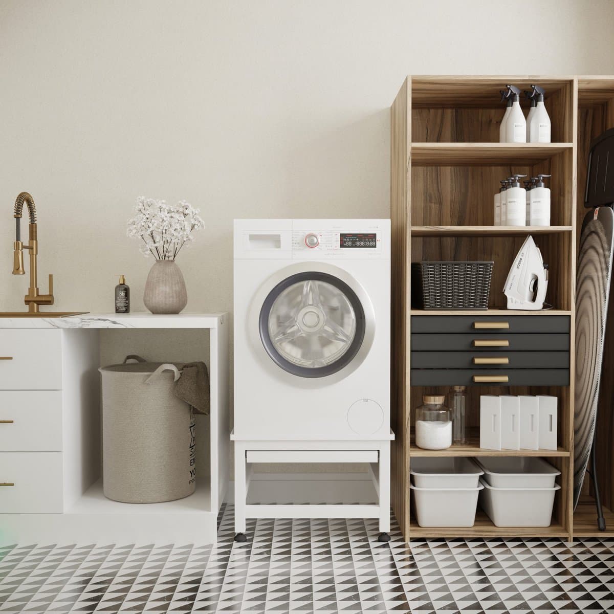 Wasophoogte® Wasmachine verhoger met uittrekbaar plateau - Wasmachine opbouwmeubel - Wasmachine sokkel - 42cm hoog - Wit - Universeel - 65*60,5 (LxB) - Inclusief wandbeugels thumbnail 5