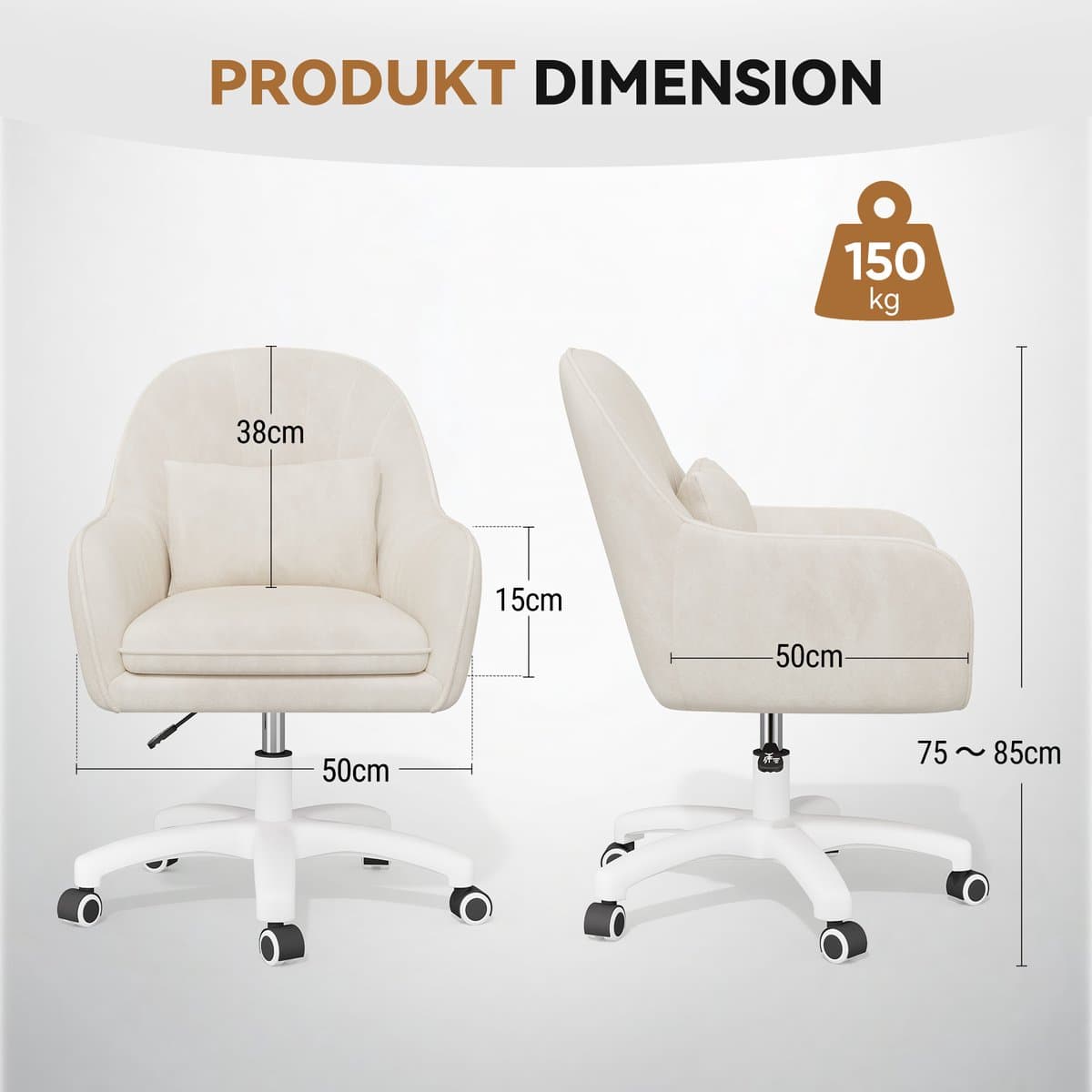 Bureaustoel, draaistoel voor de kaptafel, met fluwelen kussen, in hoogte verstelbaar, voor thuiskantoor, studeerkamer, slaapkamer, draagvermogen 120 kg,Beige thumbnail 3