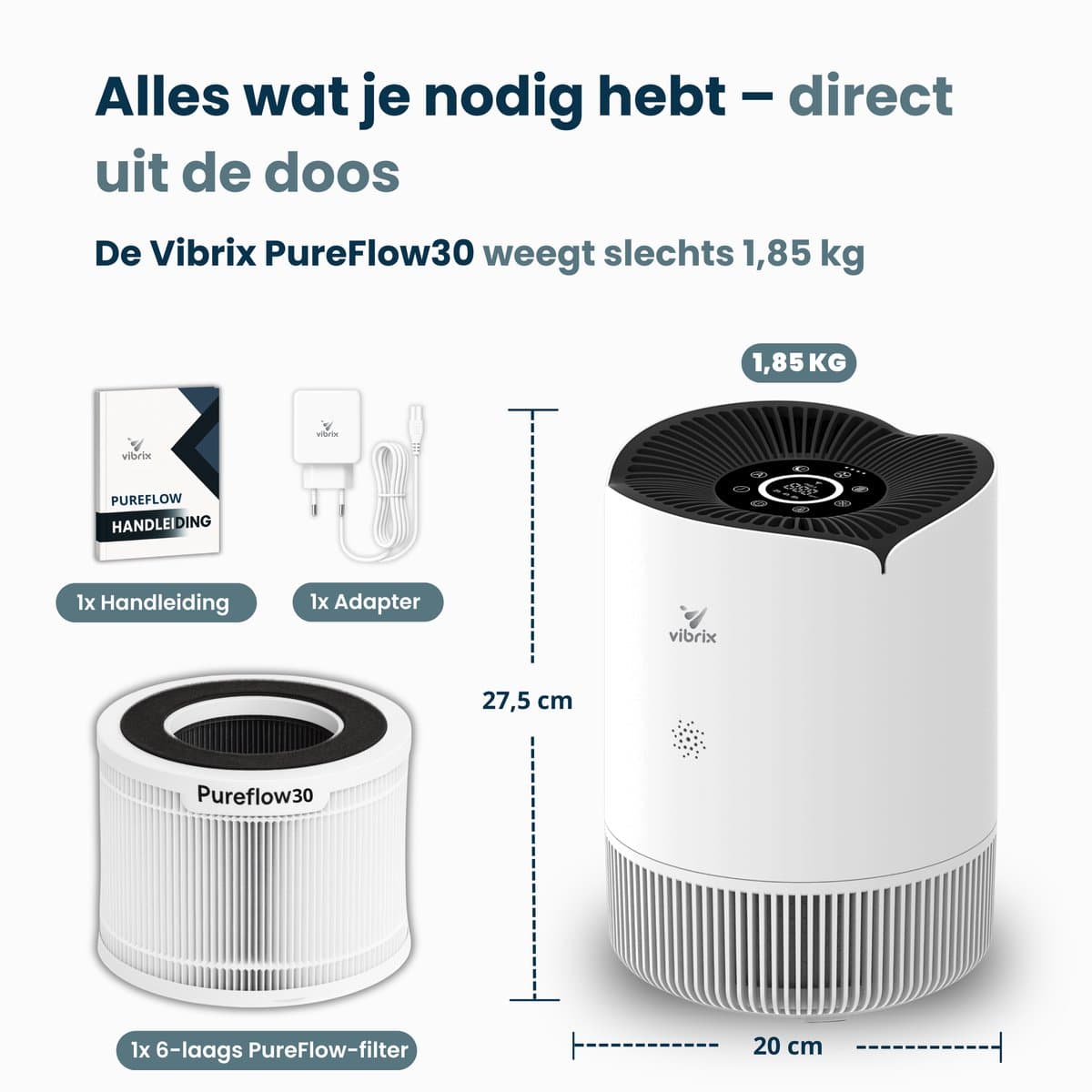 Vibrix PureFlow30 Luchtreiniger / Air Purifier – HEPA H13 + koolstoffilter – 180 m³/u – Voor kamers tot 30 m² – Ionisator – App-bediening – Zeer stil met slaapstand – Luchtkwaliteitindicator thumbnail 8