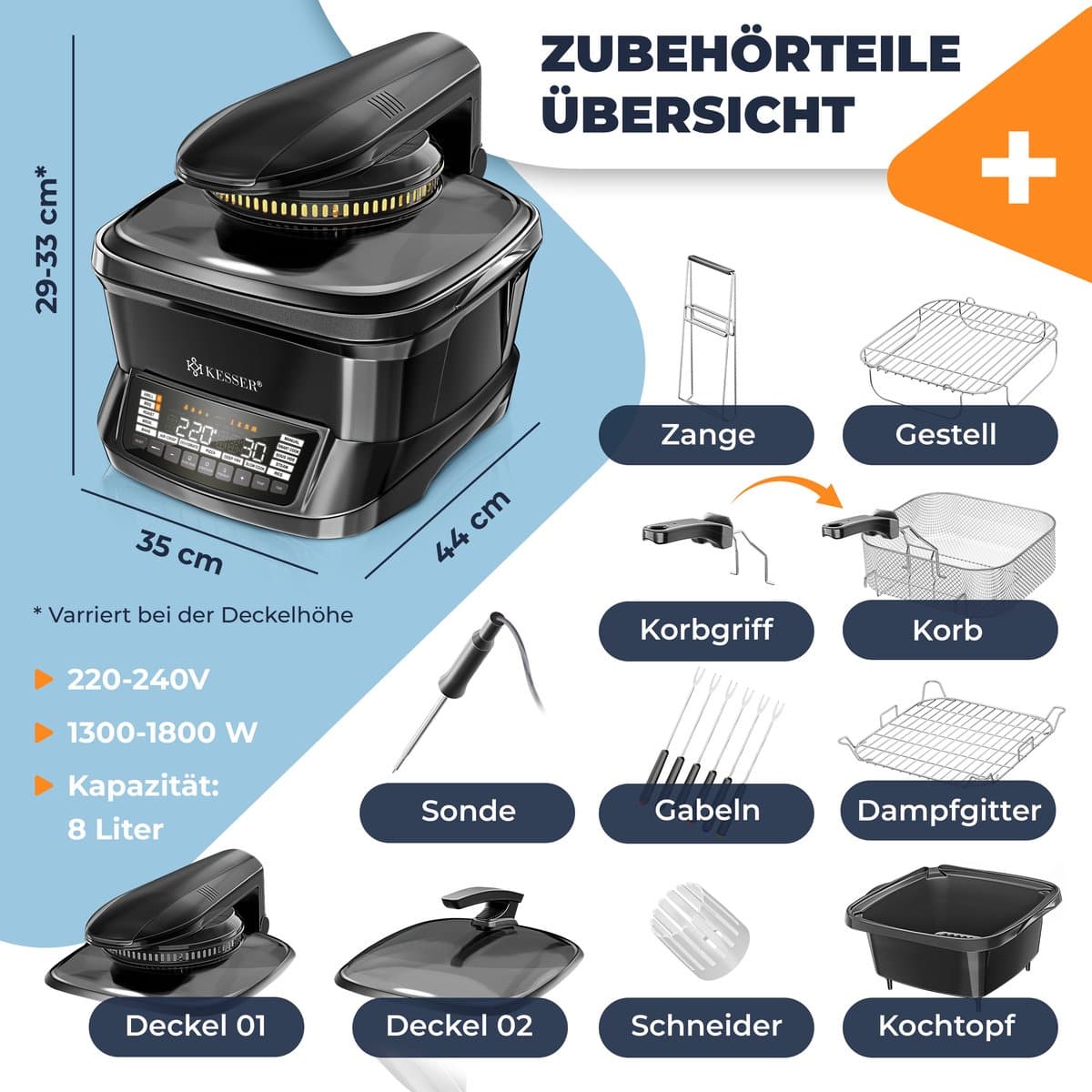 KESSER® Multicooker Airfryer 8L met 16 Kookfuncties Inclusief Stoomkoker, Rijstkoker, Grill Apparaat thumbnail 8