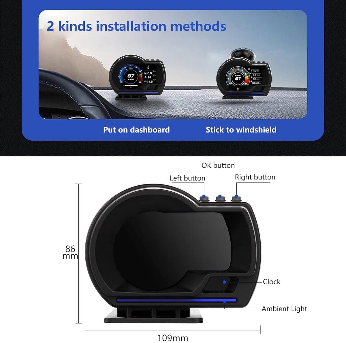 WiiYii Head Up Display P6 - OBD2/GPS - Universeel thumbnail 2