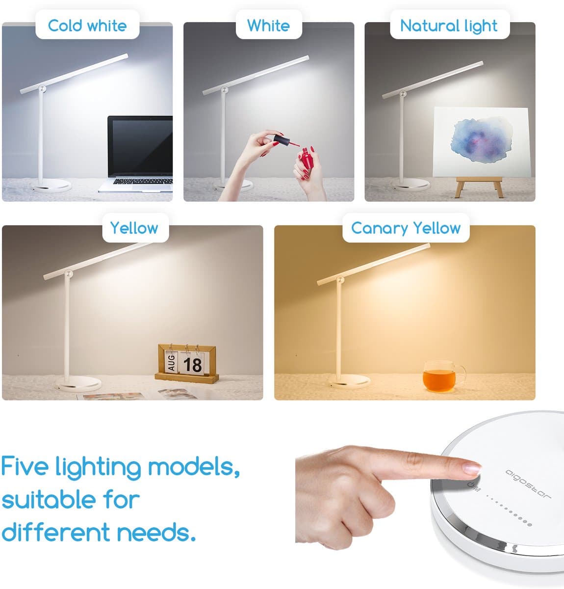 Aigostar Vince - Bureaulamp led dimbaar - 10 helderheidsmodi - 5 lichtkleuren - Opvouwbaar - USB Opladen - Smart Touch - Leeslamp - Tafellamp - Wit thumbnail 3