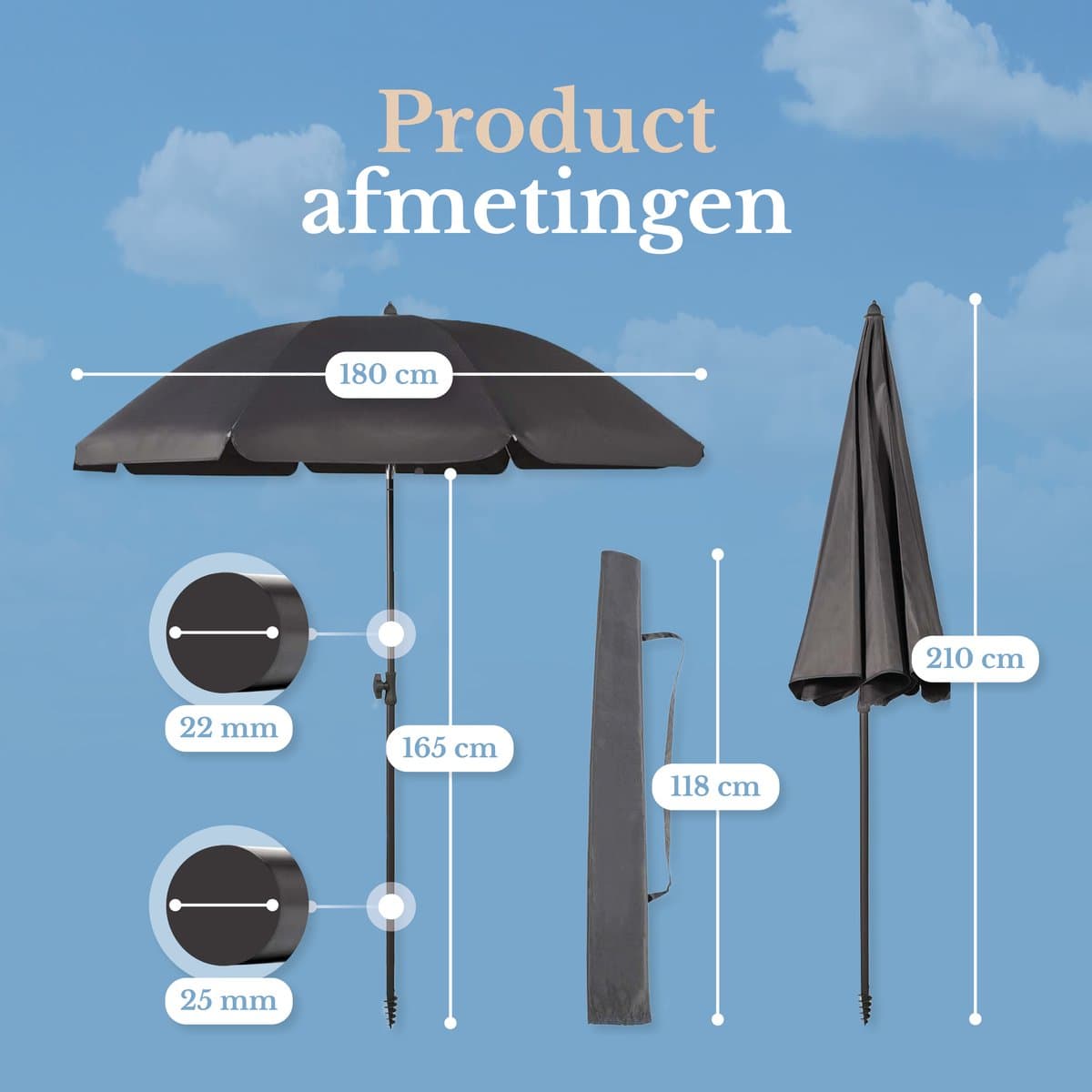O’DADDY® Parasol Set – Kantelbaar & Verstelbaar – Waterdicht – UV-Bestendig – Met Grondboor & Draagtas – Strand, Tuin & Balkon – 180 cm – Donker Grijs thumbnail 2