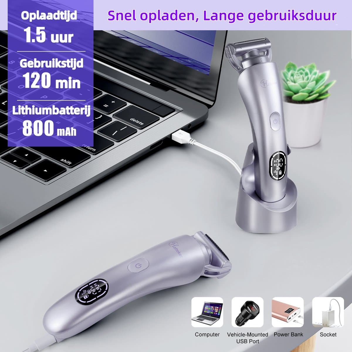 Hatteker 3-in-1 Ladyshave voor Vrouwen – Dames Scheerapparaat – Epileerapparaat – Trimmer voor Benen, Bikinilijn en Oksels – Epilator – Waterdicht IPX7 – Paarse thumbnail 5