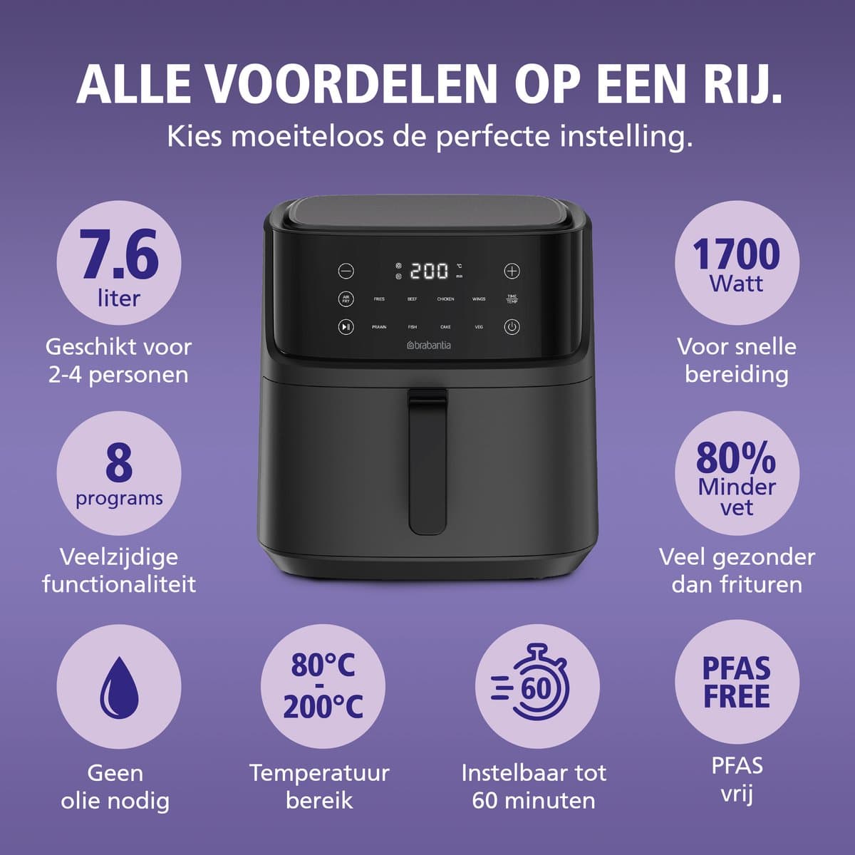 Brabantia Airfryer XXL - 7.6 liter - Digitaal Touchscreen - 8 Kookprogramma's - Tot 8 Personen - PFAS-Vrij - 80ºC tot 200ºC - 1700 Watt - BBEK1138 thumbnail 2