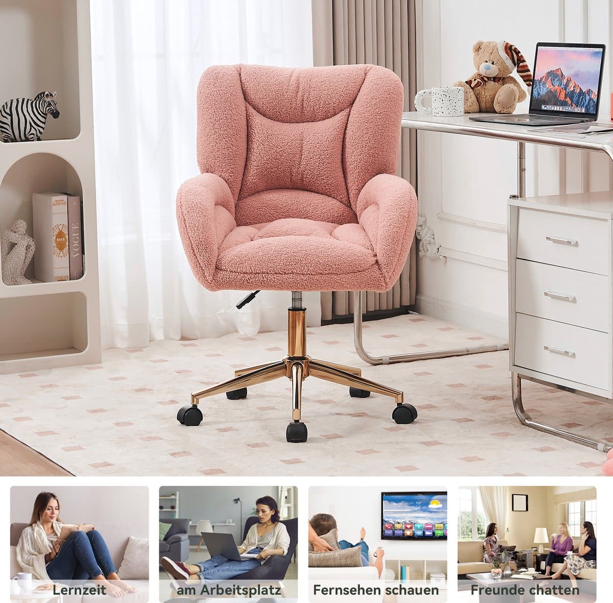 STILVORA Bureaustoel – Draaibare Kantoorstoel – Hoogteverstelbaar Met Gouden Poten – Ergonomische Comfortabele Zitting Voor Home-Office En Thuiswerk – Teddy Stof – Roze thumbnail 6