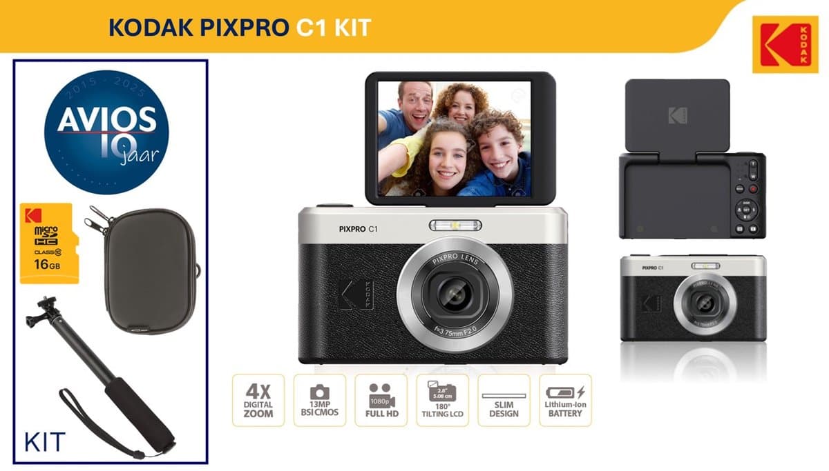 Kodak C1 compact camera - kantelbaar scherm - zwart - KIT