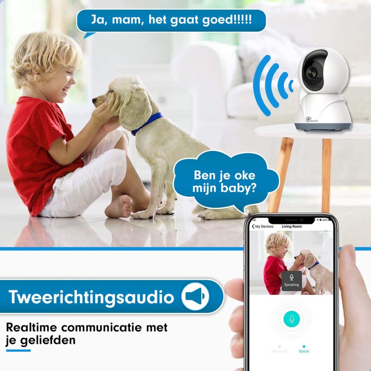 Needs!® Full HD Wifi Babyfoon met Camera WS-Q100A - En App - Camera Beveiliging – Wifi Camera – Camerabewaking - 1080p – Baby Monitor – 2.4GHZ – Wit thumbnail 4