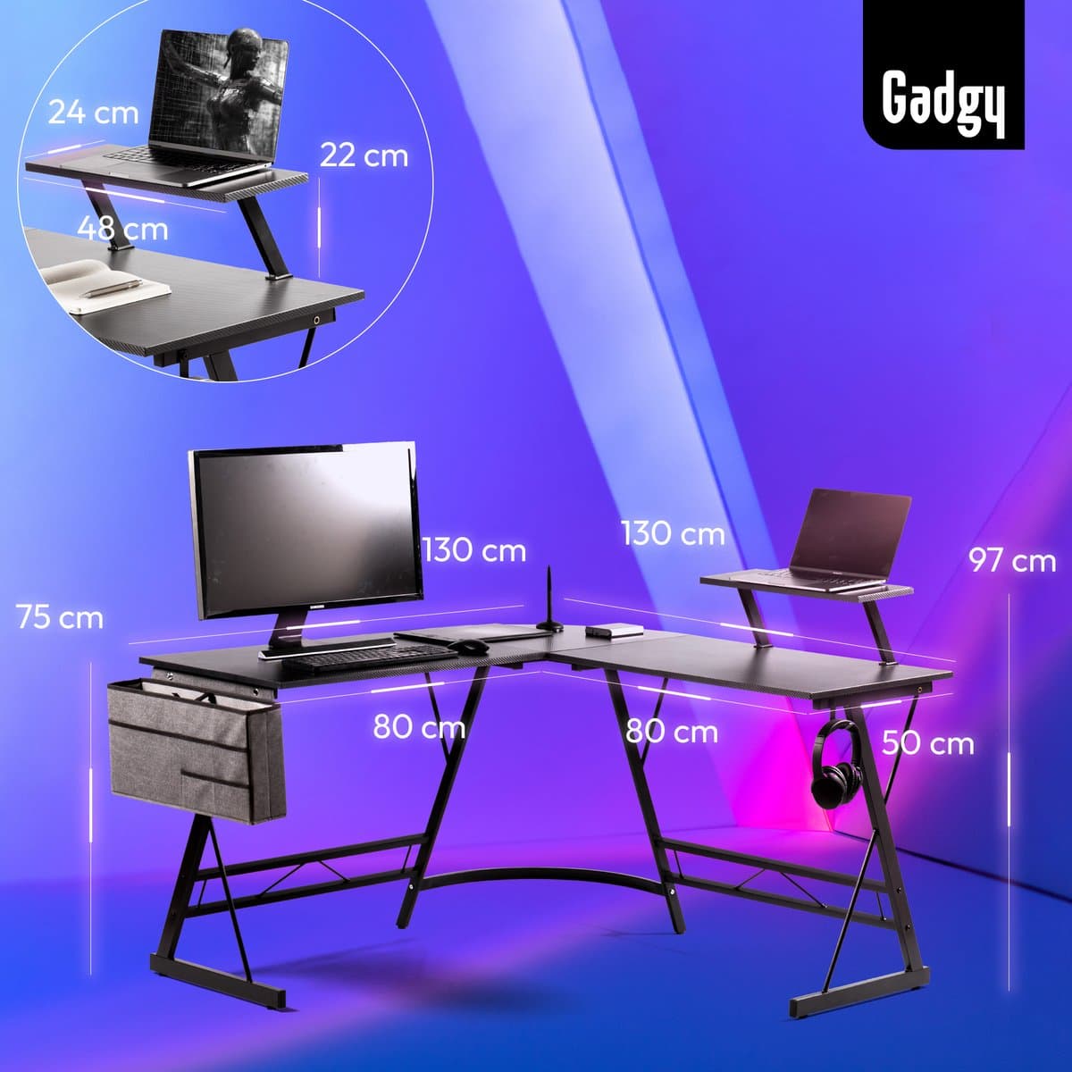 Gadgy Gaming Bureau Carbon PRO - Game HoekBureau 130 CM Breed - Game Bureau met Carbon Details - Gaming Desk met Koptelefoonhouder, Scherm Verhoging & Opbergmand - Level Up met Gadgy - Zwart Carbon thumbnail 2