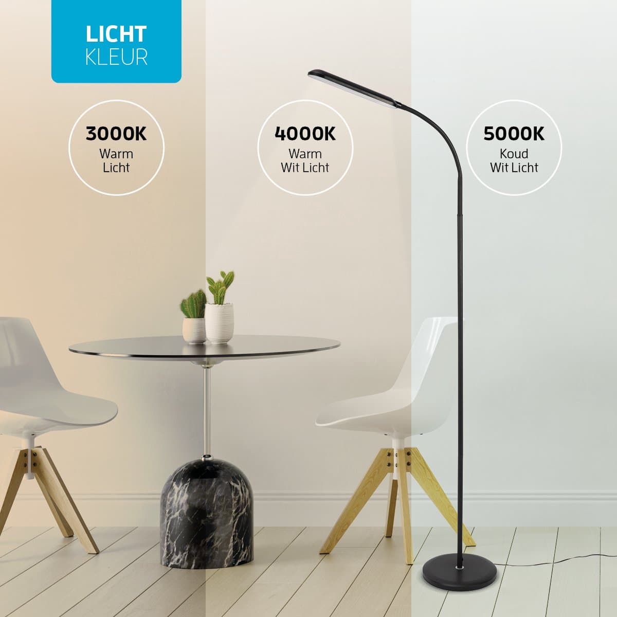 Varin® Design LED leeslamp ultra-plat - Zwart - Dimbaar - 3 Kleurtinten - 10W (eq. 75W) - 800 lumen - Vloerlamp woonkamer - Staande lamp slaapkamer - Modern - Lampen instelbaar - Touchknop - Flexibele hals - Daglichtlamp - Vloerlampen industrieel thumbnail 4