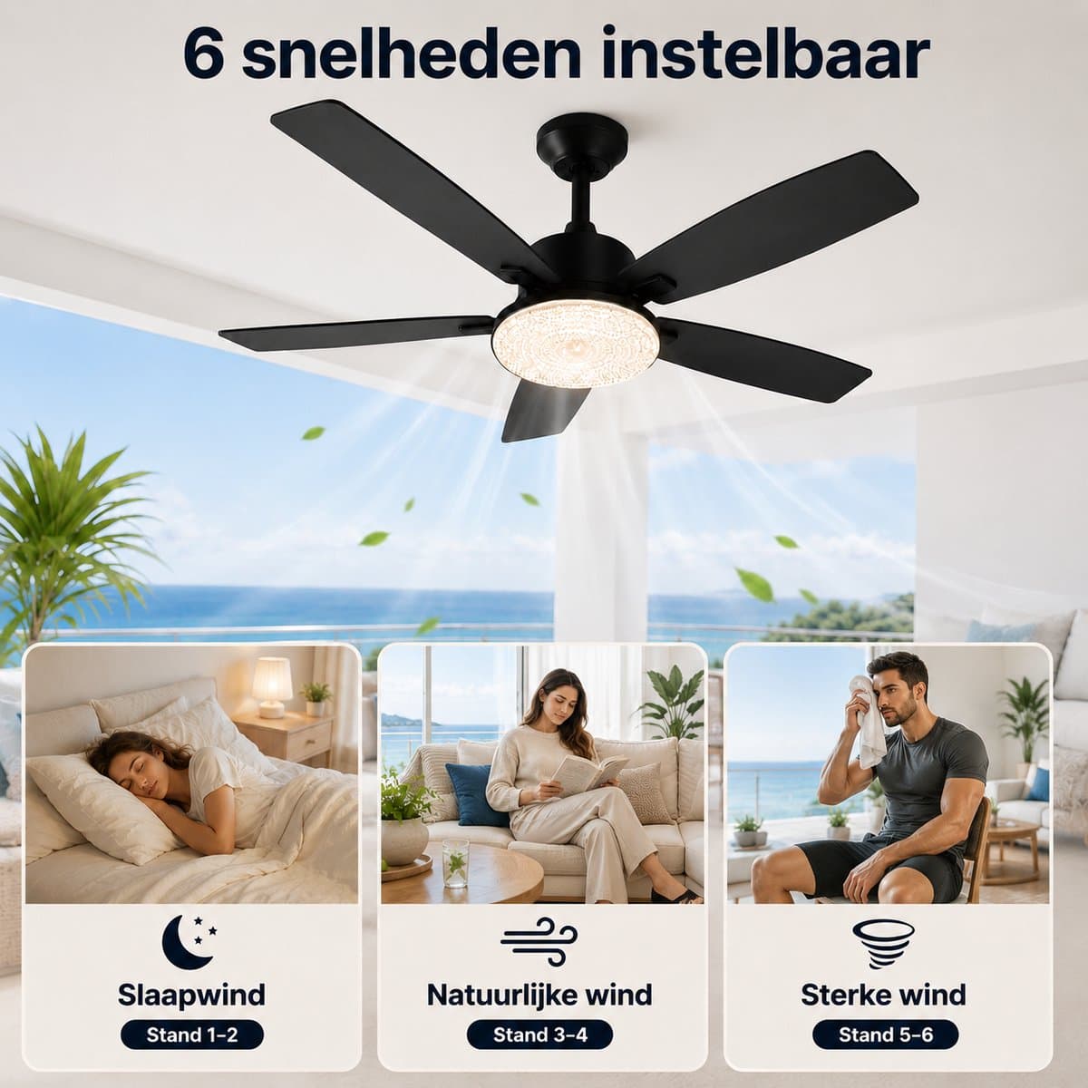 MUPOO Modern Zwart plafondventilator met verlichting Ø132 cm- plafonventilator afstandsbediening & APP -Stille DC Motor & 6 Snelheden-zomer- en winterstand-ventilator lamp plafond met Dubbelzijdige bladen Voor Woonkamer, Slaapkamer en Kantoor thumbnail 3