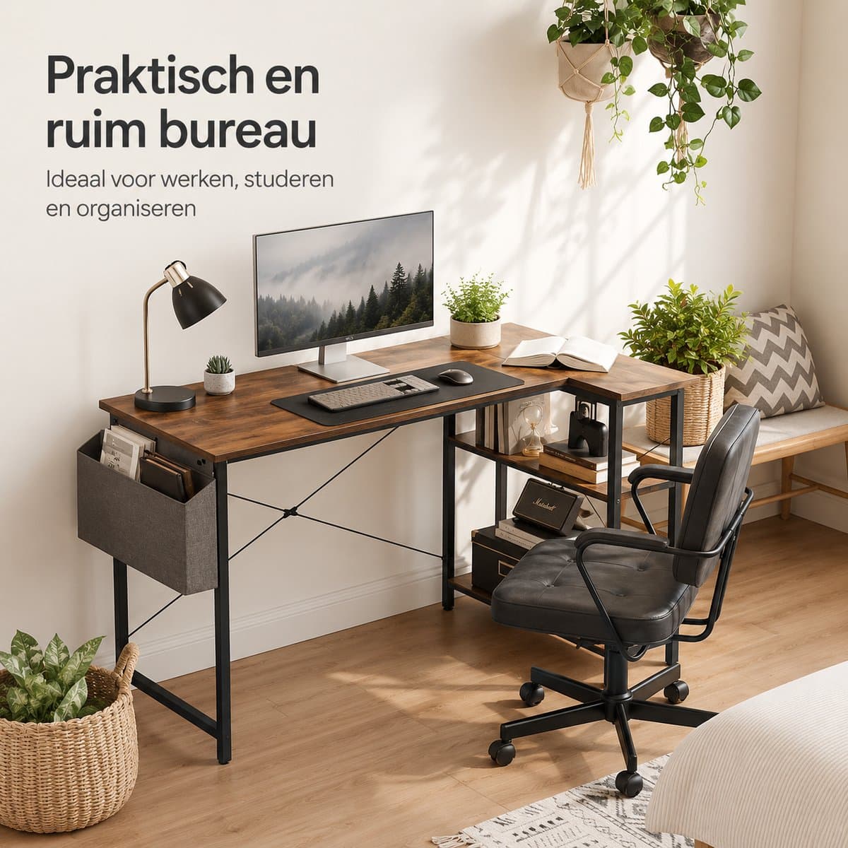 BOTC Hoekbureau 100 cm - Rustiek bruin met opbergplanken thumbnail 7