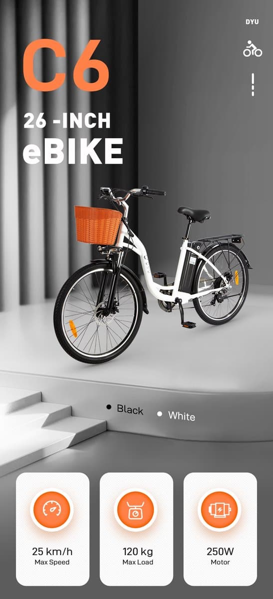 DYU C6 E-Bike - 26 inch - 43km actieradius - 250W motor - 36V 12,5Ah accu - Dubbele schijfremmen - Maximaal laadvermogen 120 kg - zwart thumbnail 3