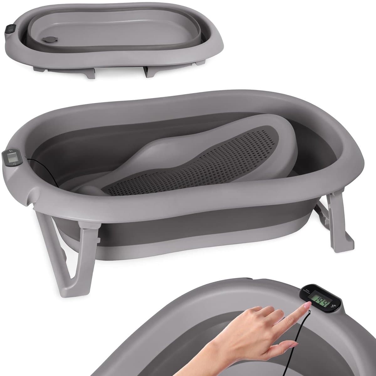 moovkee. Opvouwbaar Babybad 80 cm Donkergrijs - Babybadewanne met Thermometer en Badesitz - Antislip Draagbare Babybadkuip voor 0-36 Maanden