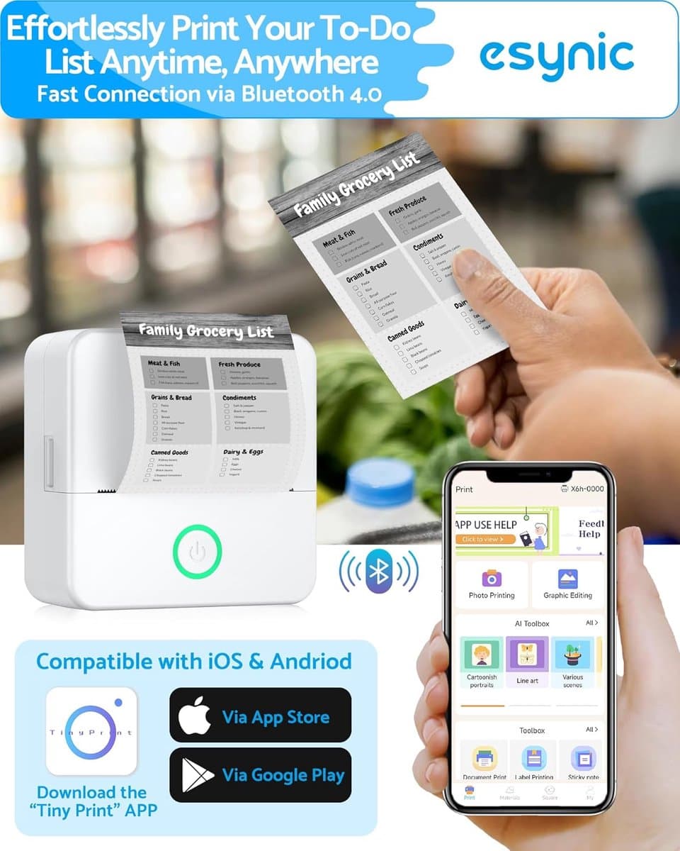 Mini printer voor mobiel – Bluetooth stickerprinter – Draagbare thermische printer zonder inkt – Voor foto’s, notities & labels – Inclusief zelfklevend papier thumbnail 7
