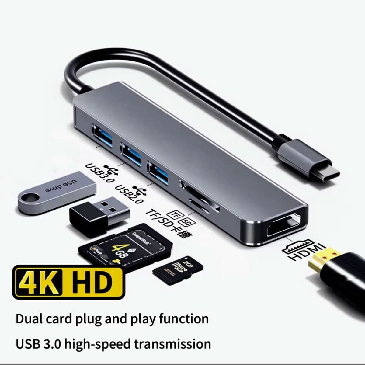 6-in-1 USB-C Hub - 4K HDMI - 3x USB 3.1 - SD/TF Kaartlezer - afbeelding 1