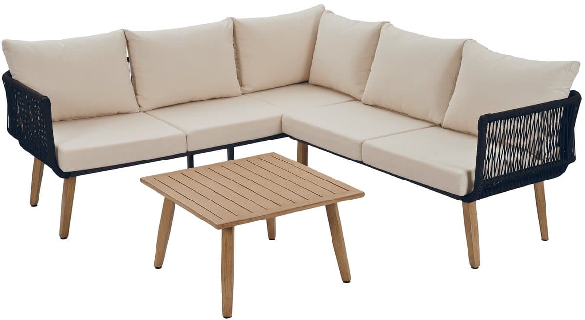 FloraGrace Loungeset - Sofa Met Salontafel - Weerbestendig Touwdesign Voor Tuin En Balkon - Olefin En Staal - Beige Zwart thumbnail 7