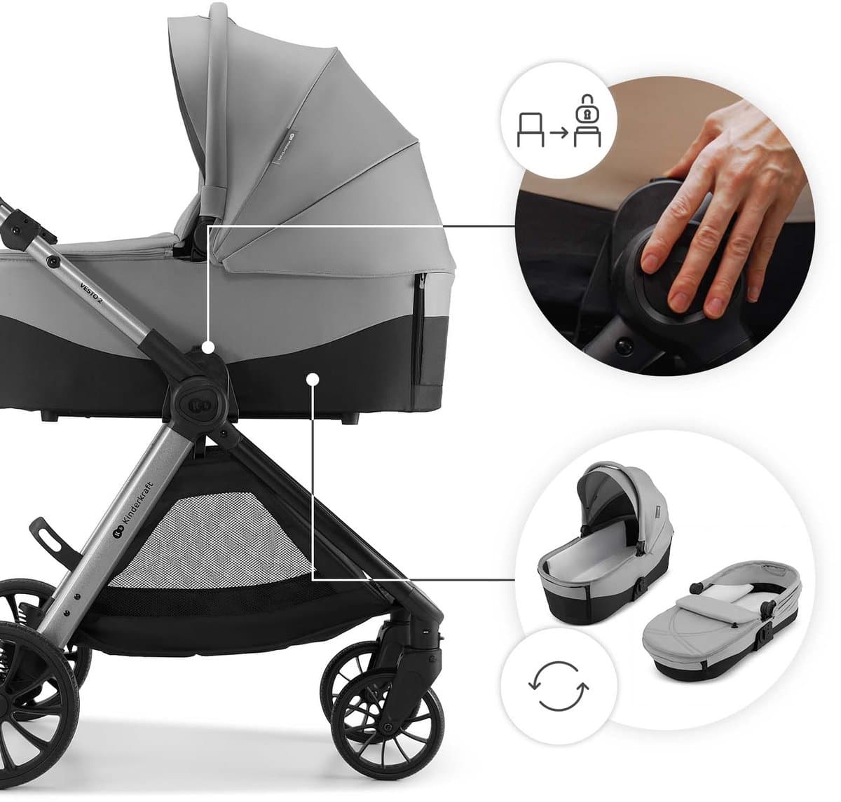 Kinderkraft VESTO 2 – 3-in-1 kinderwagen – Memory buttons – Opvouwbaar met zitting 2 richtingen – Vering op alle wielen – Grijs thumbnail 7