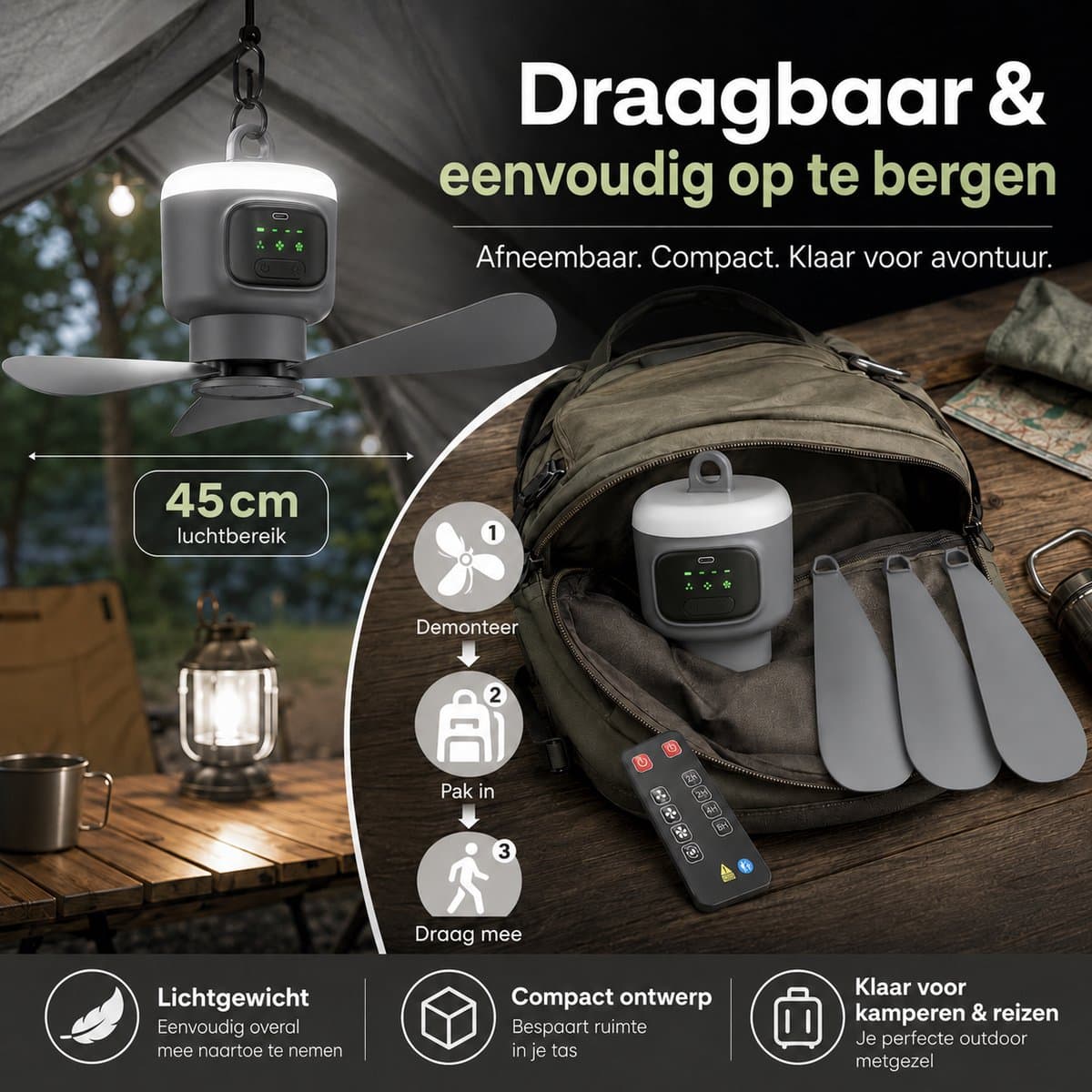 MUPOO Camping Plafondventilator 45cm - LED en 16 uur thumbnail 4