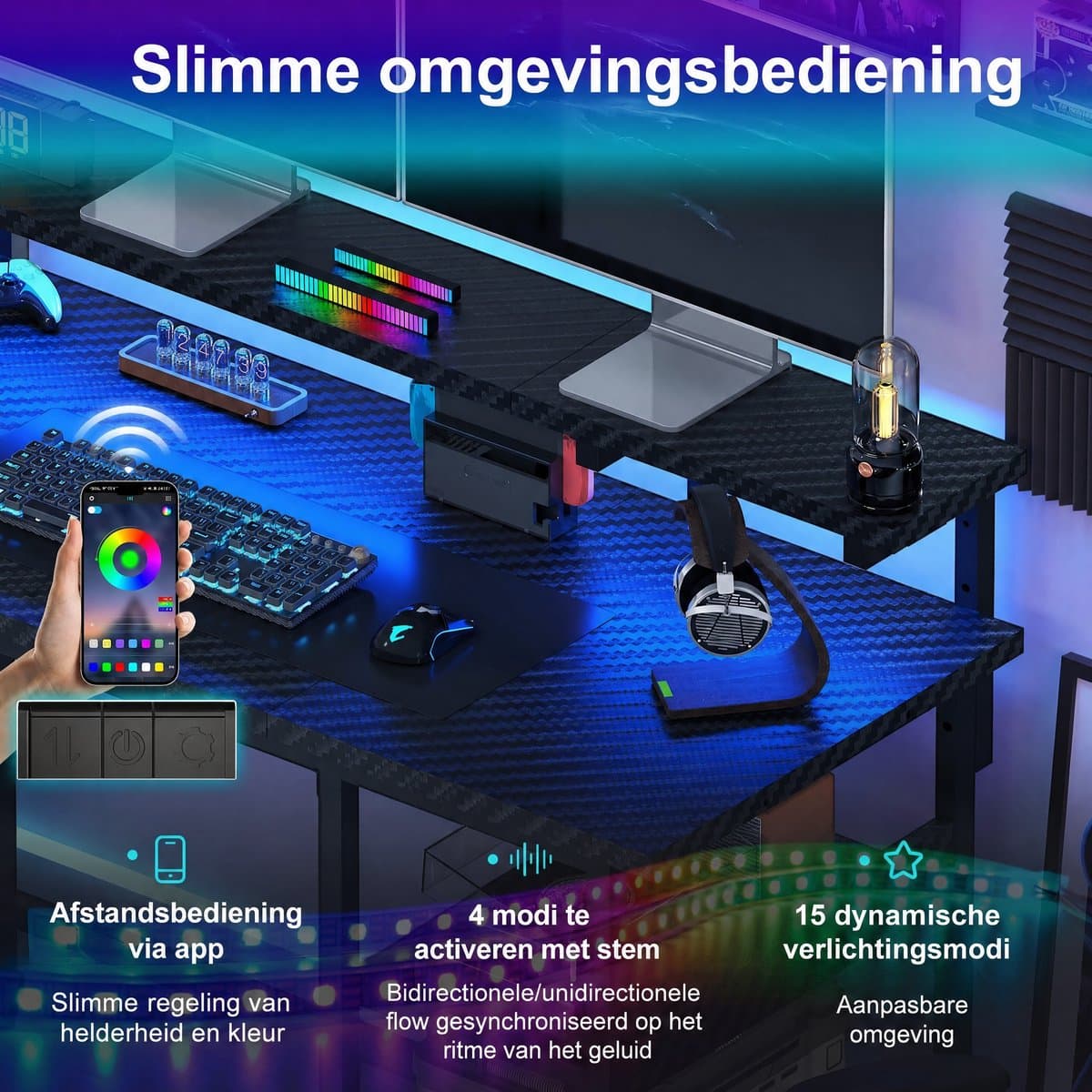 Devoko L-Vormig Gaming Bureau 135 x 50/40 x 73.5/88.5 cm – Met RGB LED-Lichtstrook – 12 mm E1 Spaanplaat – Koolstofvezel Zwart – Inclusief EU Stekkerdoos met 2 USB – Zwart thumbnail 6