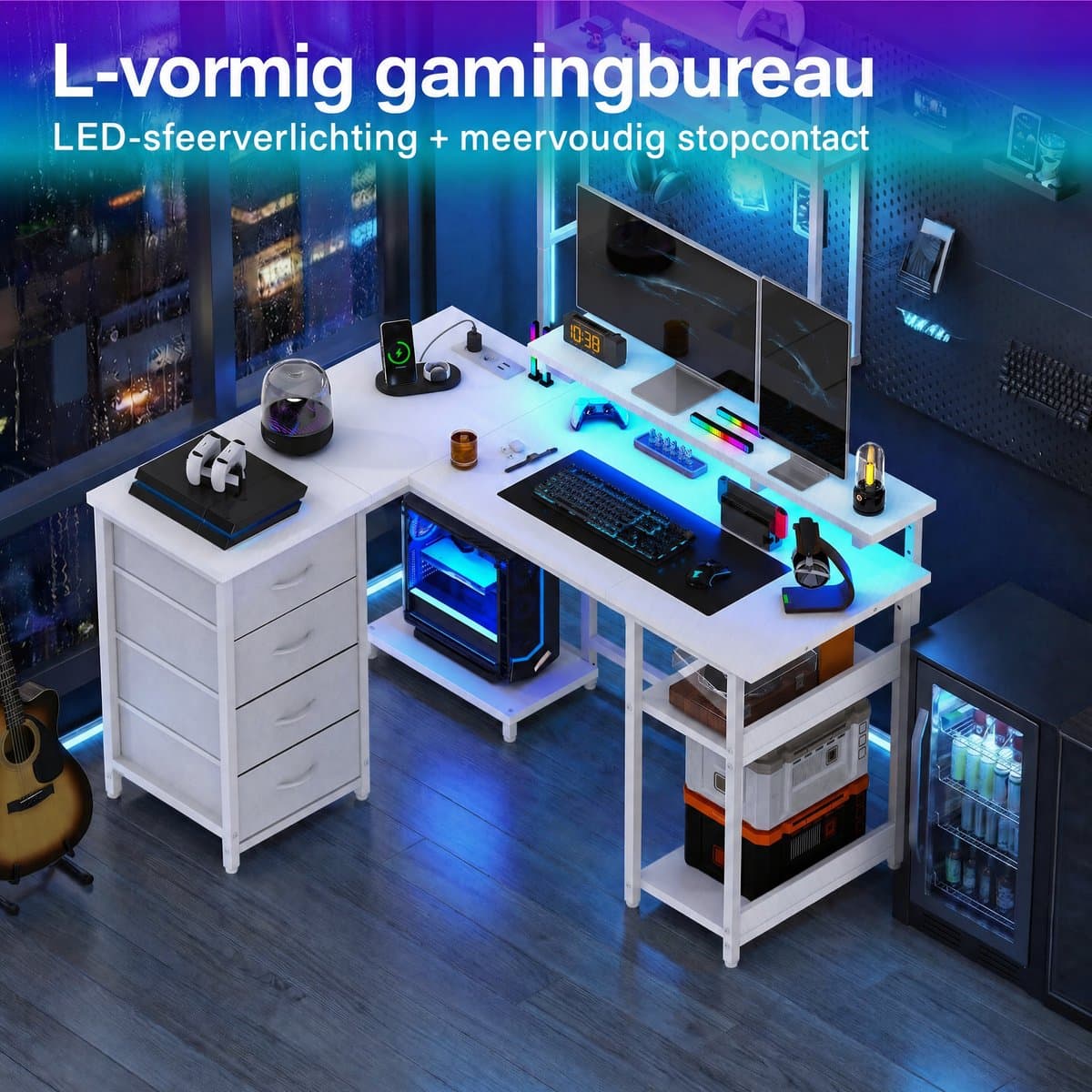 Devoko L-Vormig Gaming Bureau 135 x 50/40 x 73.5/88.5 cm – Met RGB LED-Lichtstrook – 12 mm E1 Spaanplaat – Koolstofvezel Wit – Inclusief EU Stekkerdoos met 2 USB – Wit thumbnail 3