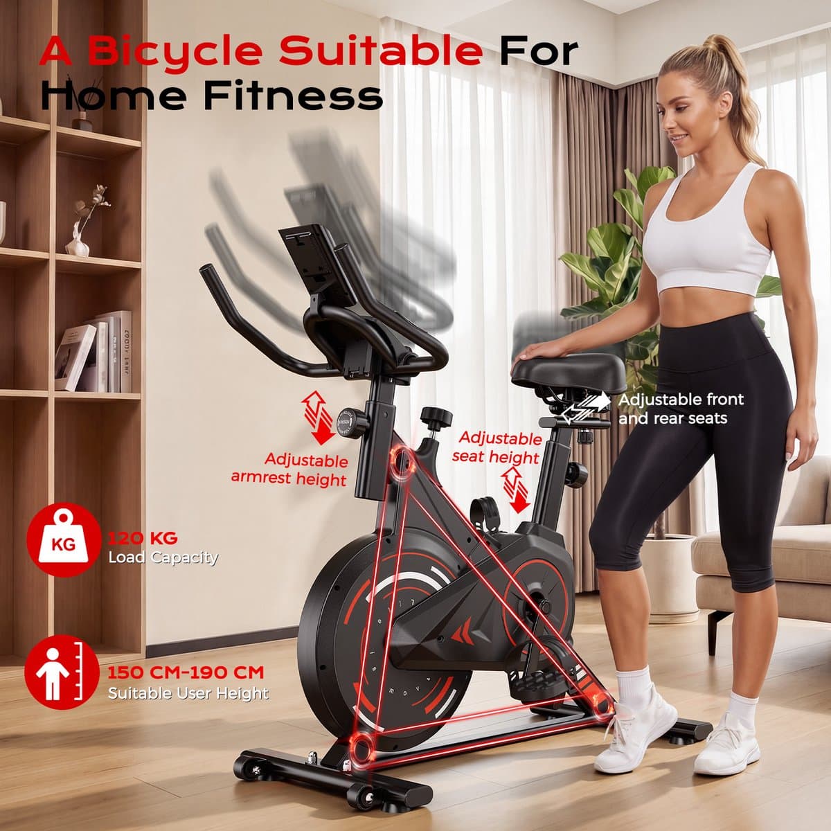 BIGZZIA hometrainer met instelbare weerstand van 0-100%, stille hometrainer met LCD-scherm, fitnessfiets met tablethouder, indoorfiets voor cardiotraining, tot 120 kg thumbnail 3