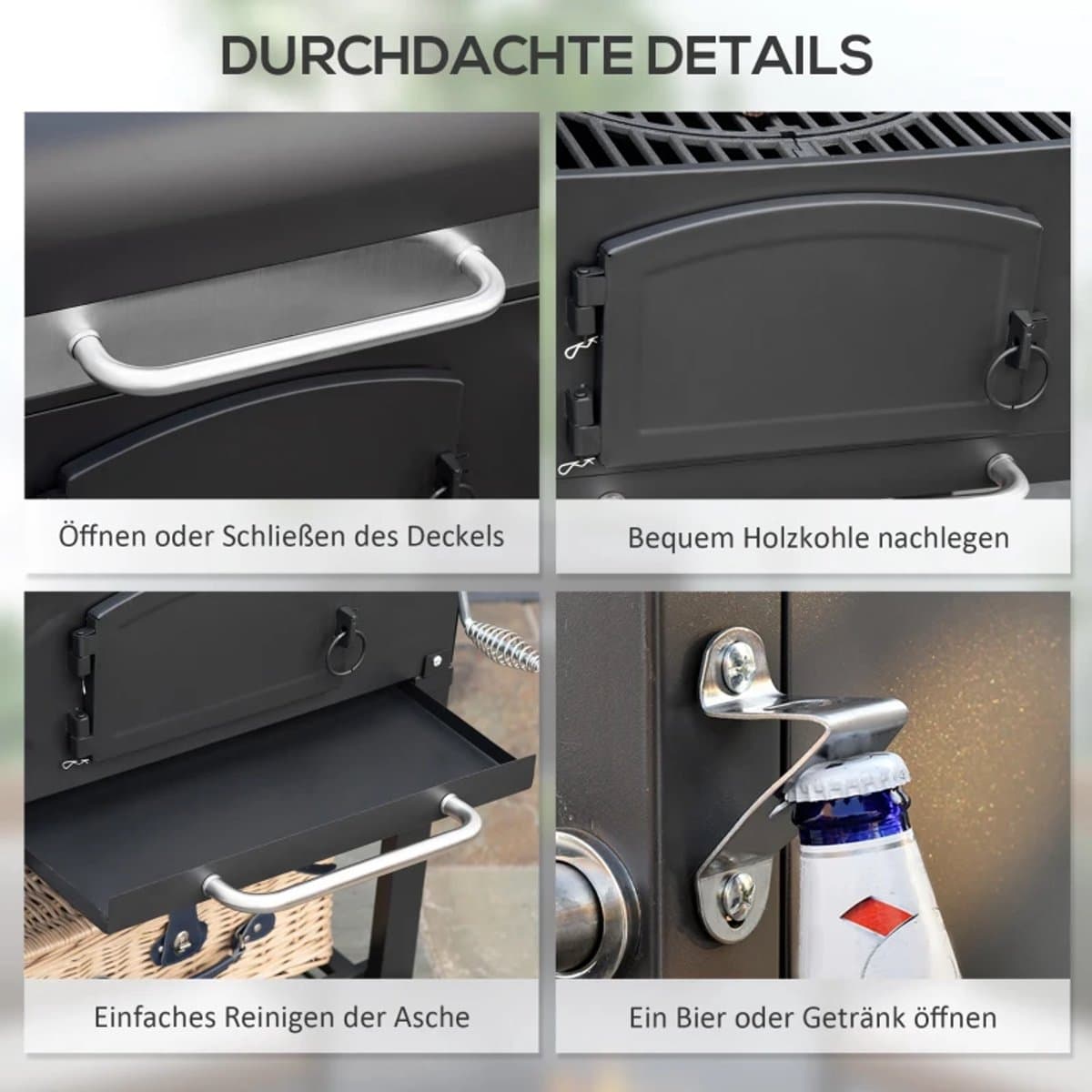 Premie 3-in-1 Houtskool Barbecue - Smoker Barbecue met Rookfunctie - Houtskoolgrill - met Verstelbaar Houtskoolcompartiment, Deksel, Handgrepen, Thermometer, Wielen - BBQ voor Kamperen, Buiten, Tuin - 124 x 66 x 112 cm - Zwart thumbnail 6