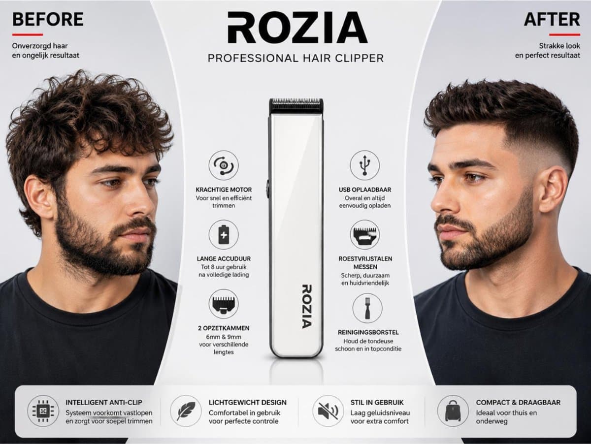 ROZIA HQ203 Professionele Tondeuse – Draadloze Haartrimmer – USB Oplaadbaar – Inclusief 2 Opzetkammen – Haar- en Baardtrimmer voor Mannen – Wit thumbnail 2