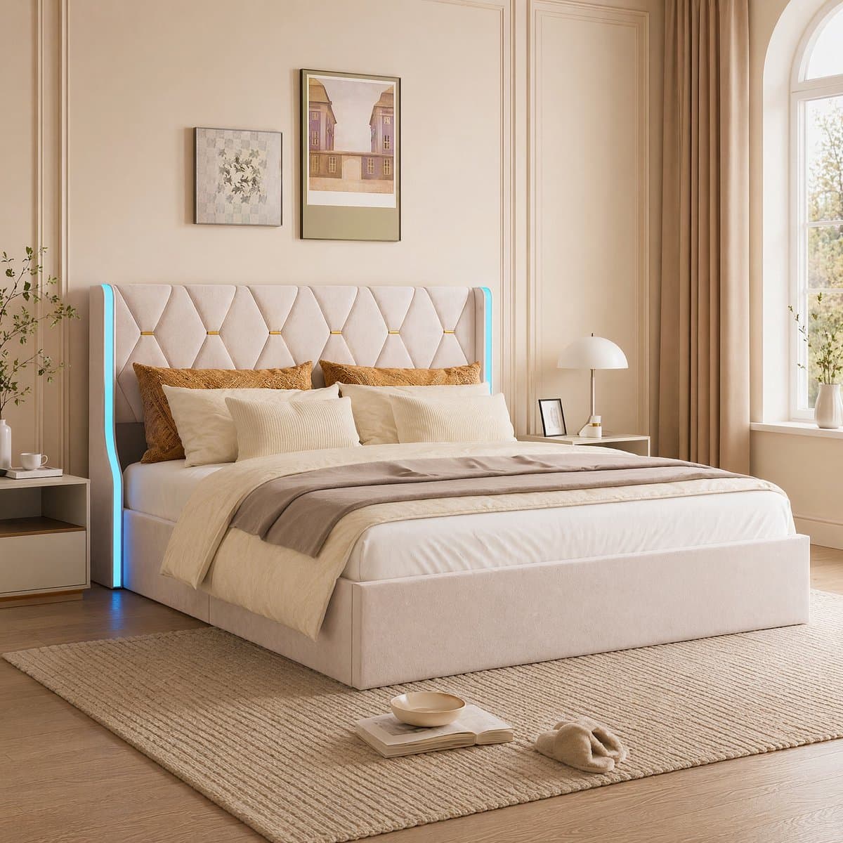 Hydraulisch Opbergbed 160x200 cm - Beige Fluweel met RGB LED en Grote Opbergruimte thumbnail 6