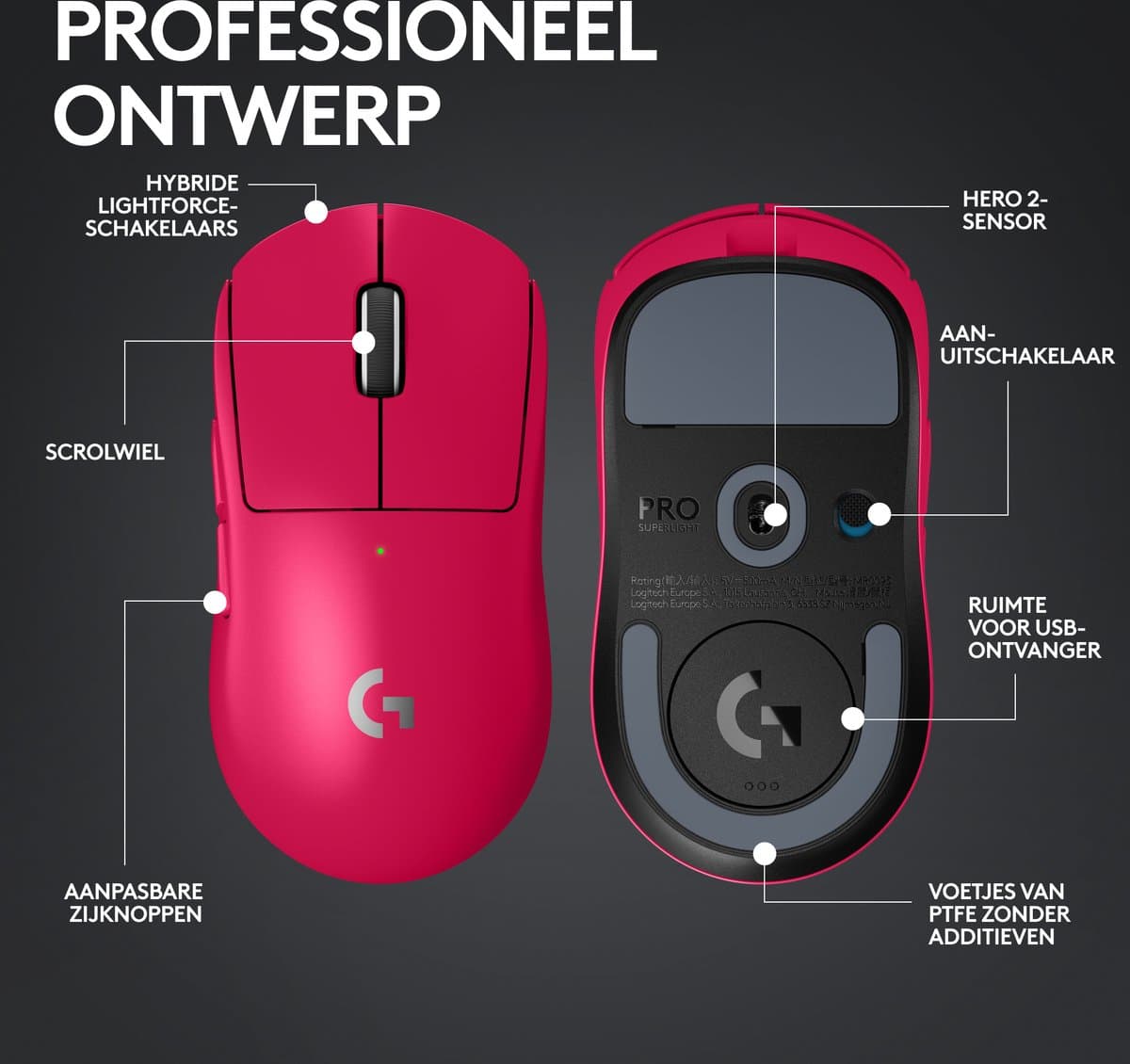 Logitech G Pro X Superlight 2 - Draadloze Gaming Muis - Lightspeed - Magenta thumbnail 8
