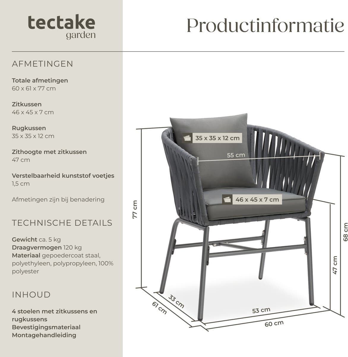 tectake® Tuinstoelen Valeiras - Set van 4 - Metalen Buitenstoel met Rope Design - Terrasstoel met Armleuningen - Tuinstoel - Tuin Fauteuil - Tuinmeubels - Tuinset met Waterafstotende Kussens en Verstelbare Poten thumbnail 4