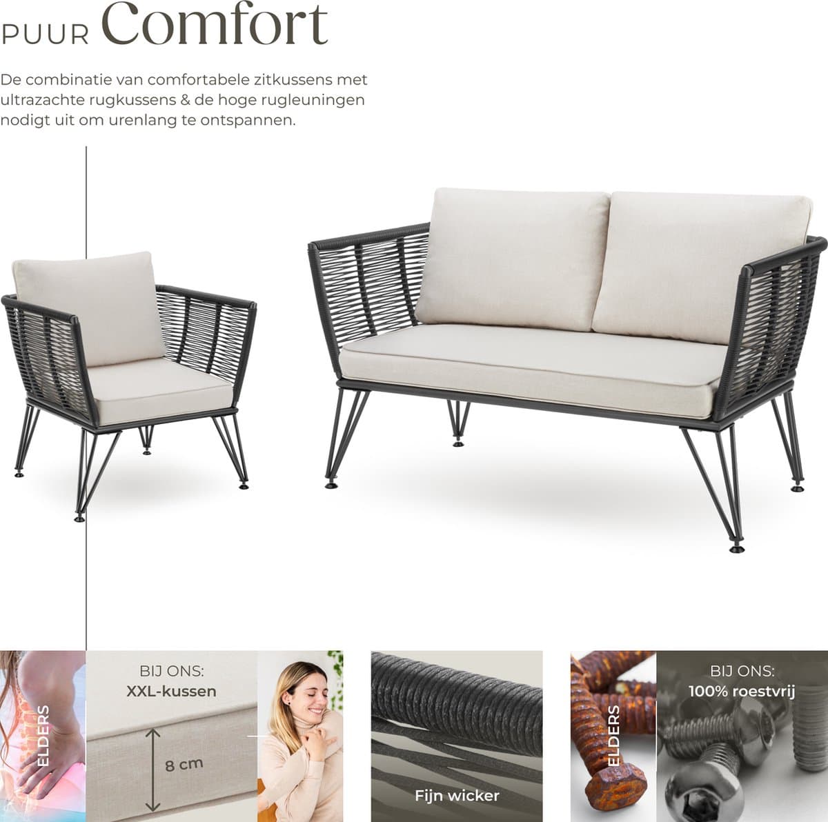 tectake® Loungeset Sundo - Tuinset in Rope-Design - Tuinbank en Tuinstoelen met Kussens - Weerbestendig thumbnail 3