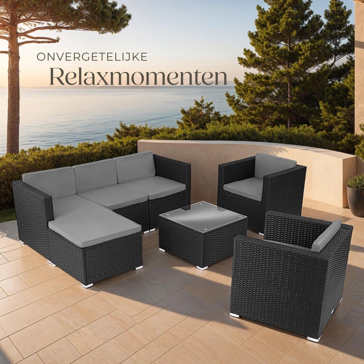 tectake® wicker Loungeset, buitenzitgroep, set met bank, 2 fauteuils, kruk, tafel, vrij combineerbaar, tuinmeubelen voor 5-6 personen, voor tuin, terras, balkon, inclusief kussens - zwart - poly-rattan thumbnail 6