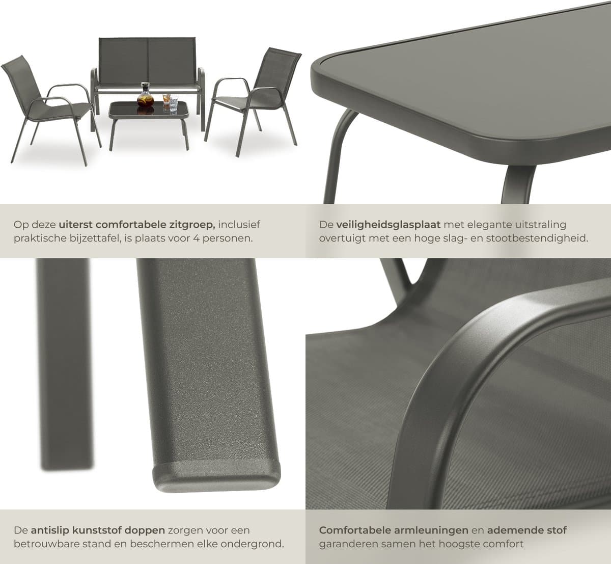 tectake® Tuinset Nora - Moderne Zitgroep voor 4 Personen - Loungeset met Tuinbank en 2 Tuinstoelen van Ademend, Waterafstotend Textileen-Weefsel - Balkonset Met Bijzettafel - Luxe Tuinmeubelset - Antraciet thumbnail 2
