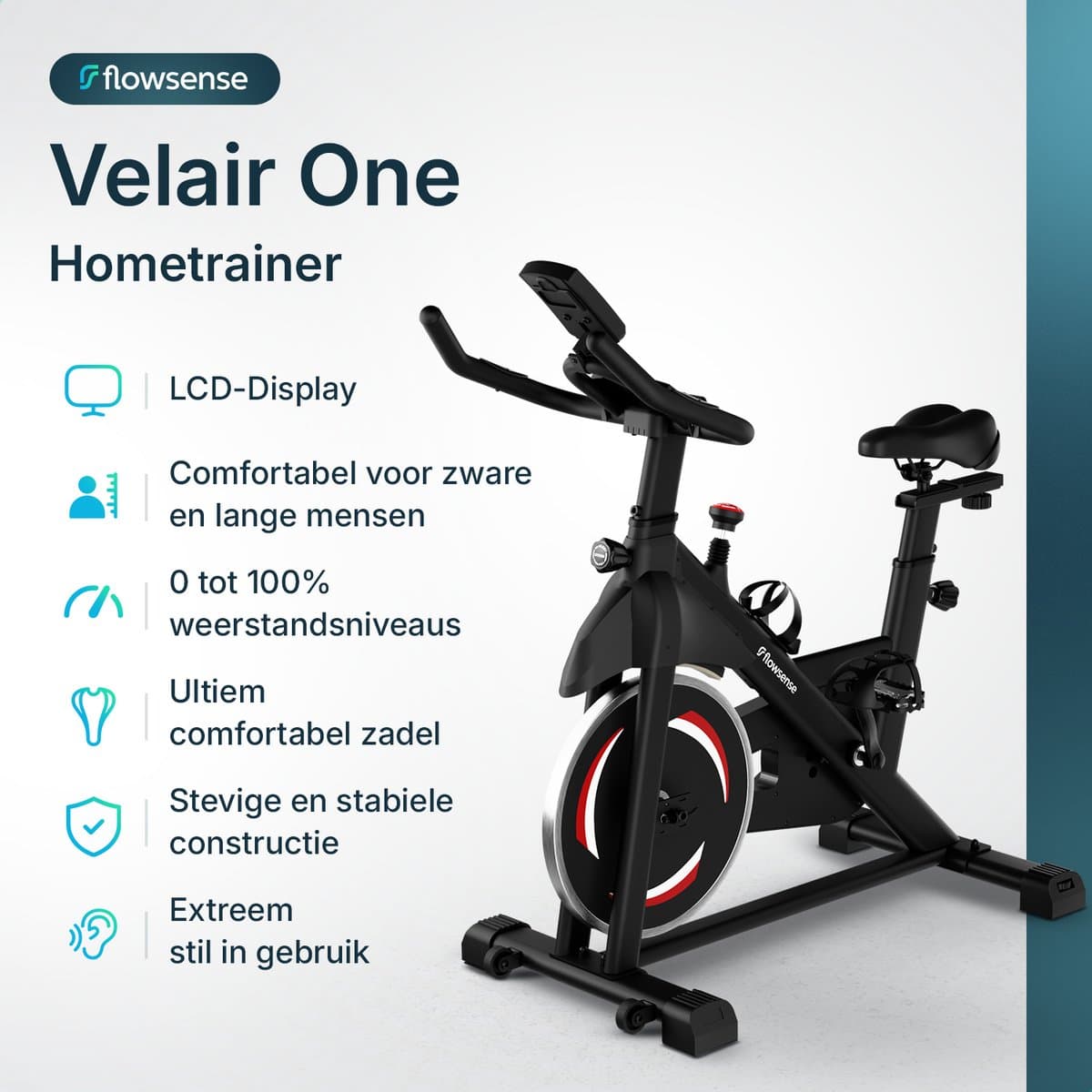 Flowsense Hometrainer Velair One - Fitness Fiets - Home Trainer met Magnetische Weerstand - Hometrainers Spinningfiets - 3KG Vliegwiel - Incl. Tablethouder thumbnail 2