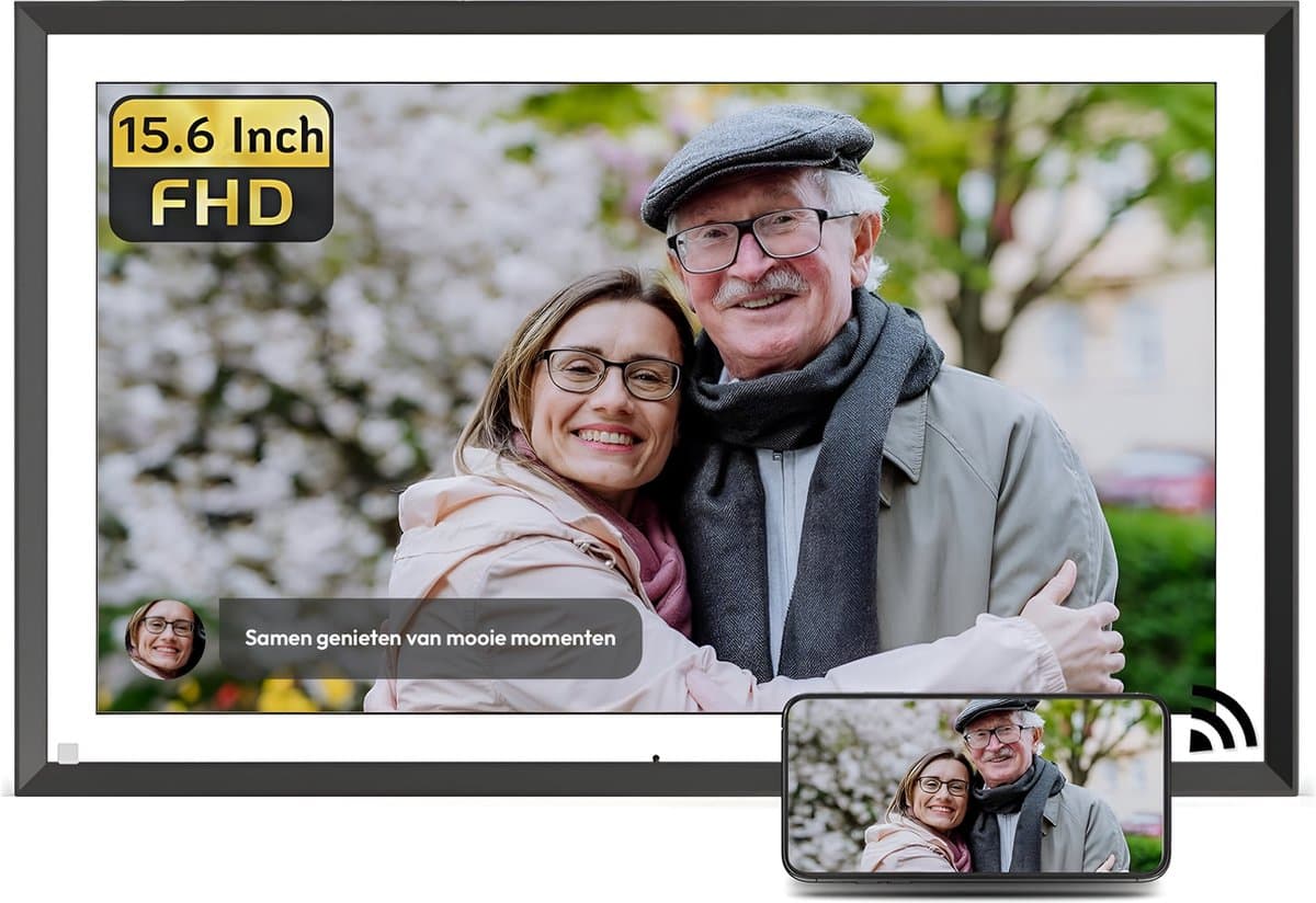 Digitale fotolijst met WiFi en Frameo App - 15.6 inch HD+ IPS Display - Fotokader met Touchscreen - 32GB - Zwart/Wit - frameo digitale fotolijst - digitale fotokader - digitaal fotolijstje - afbeelding 1