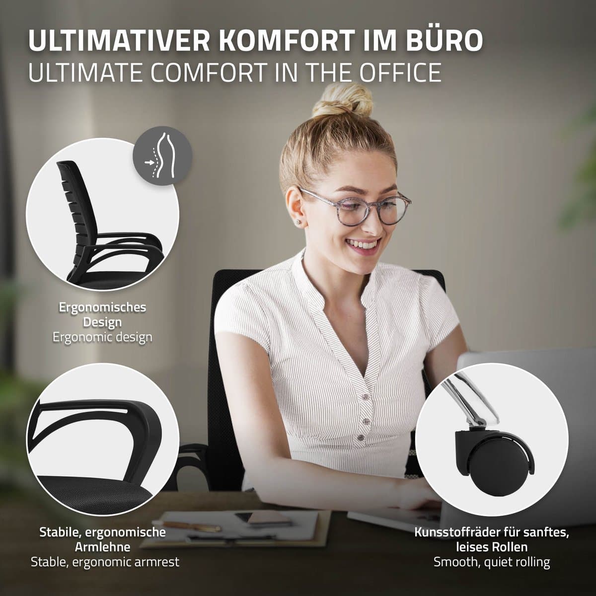 Ergonomische bureaustoel met armleuningen Mesh stof zwart met wielen ML design thumbnail 3
