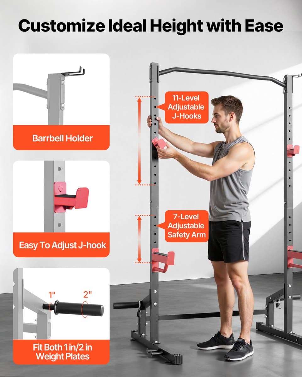 VEVOR Power Cage Squat Rack, 454 KG Draagvermogen, Multifunctioneel Krachtrek voor Thuisgym met 4 Bandhouders, Verstelbare J-Haak en Veiligheidsstangen voor Pull-Ups met Halterstang. thumbnail 7