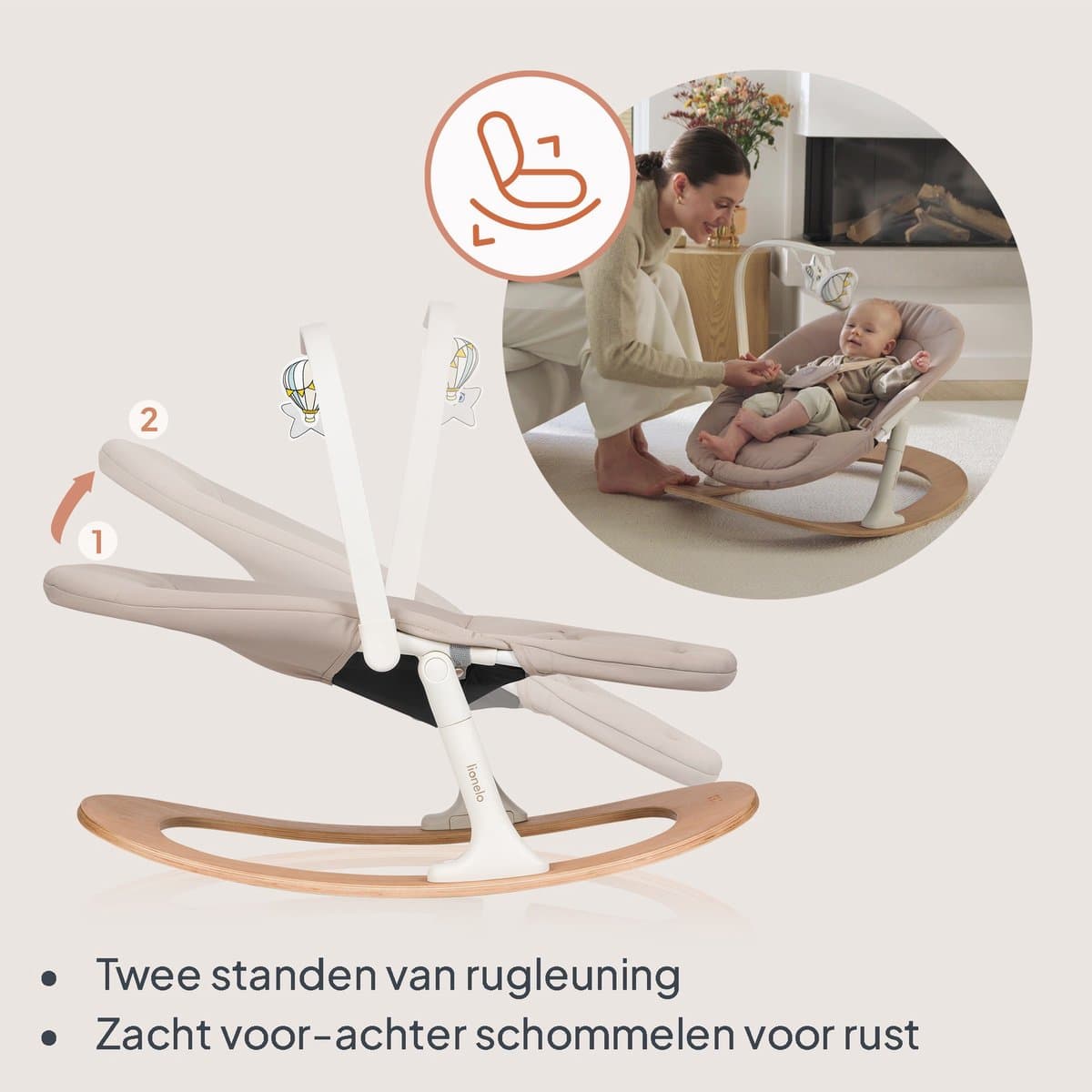Lionelo Celia Rocker - Wipstoel Baby - Houten - 2 rugstanden - 5-puntsgordel - Speelboog met 2 speeltjes - Wood - Bouncer / Swing thumbnail 3